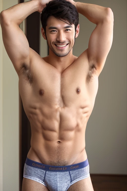 30 years old、male、Japanese、very handsome、erection、abs、Pectoral muscle、Sheer underwear、open legs、raise your arms、body hair、smile、
