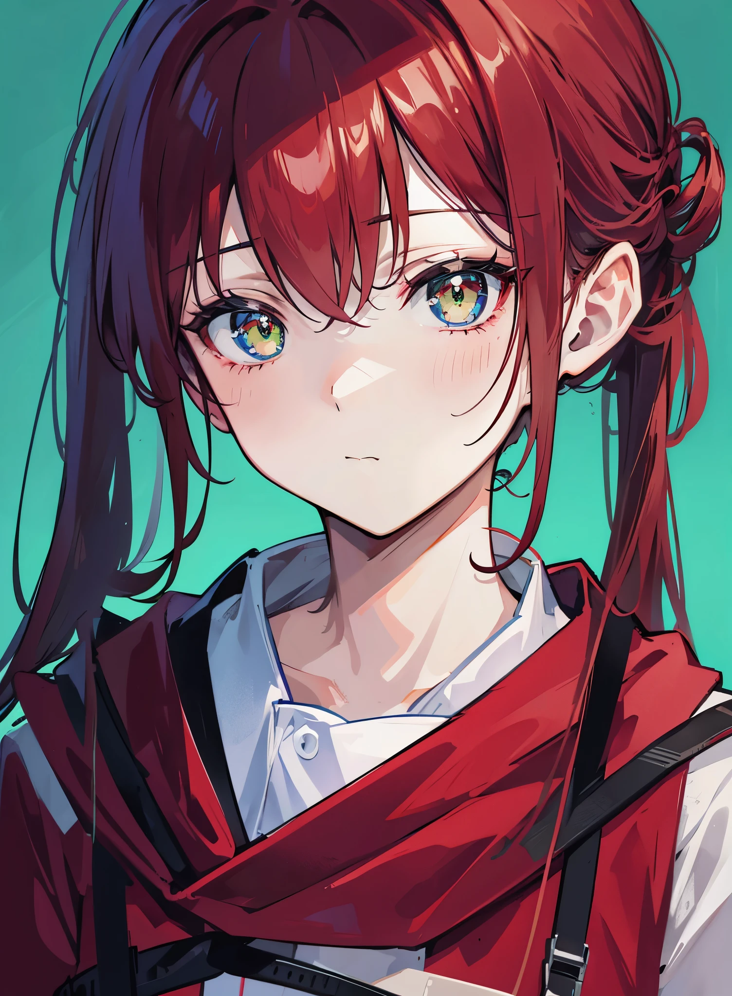 Green pupils,red and white gown,Long reddish brown hair
