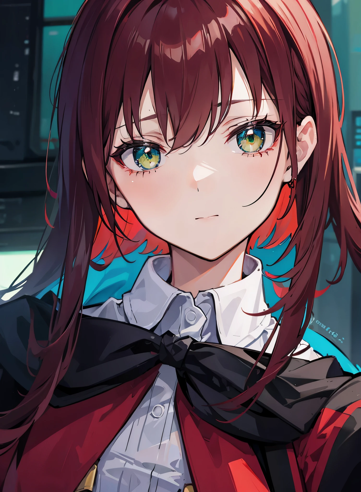 Green pupils,red and white gown,Long reddish brown hair