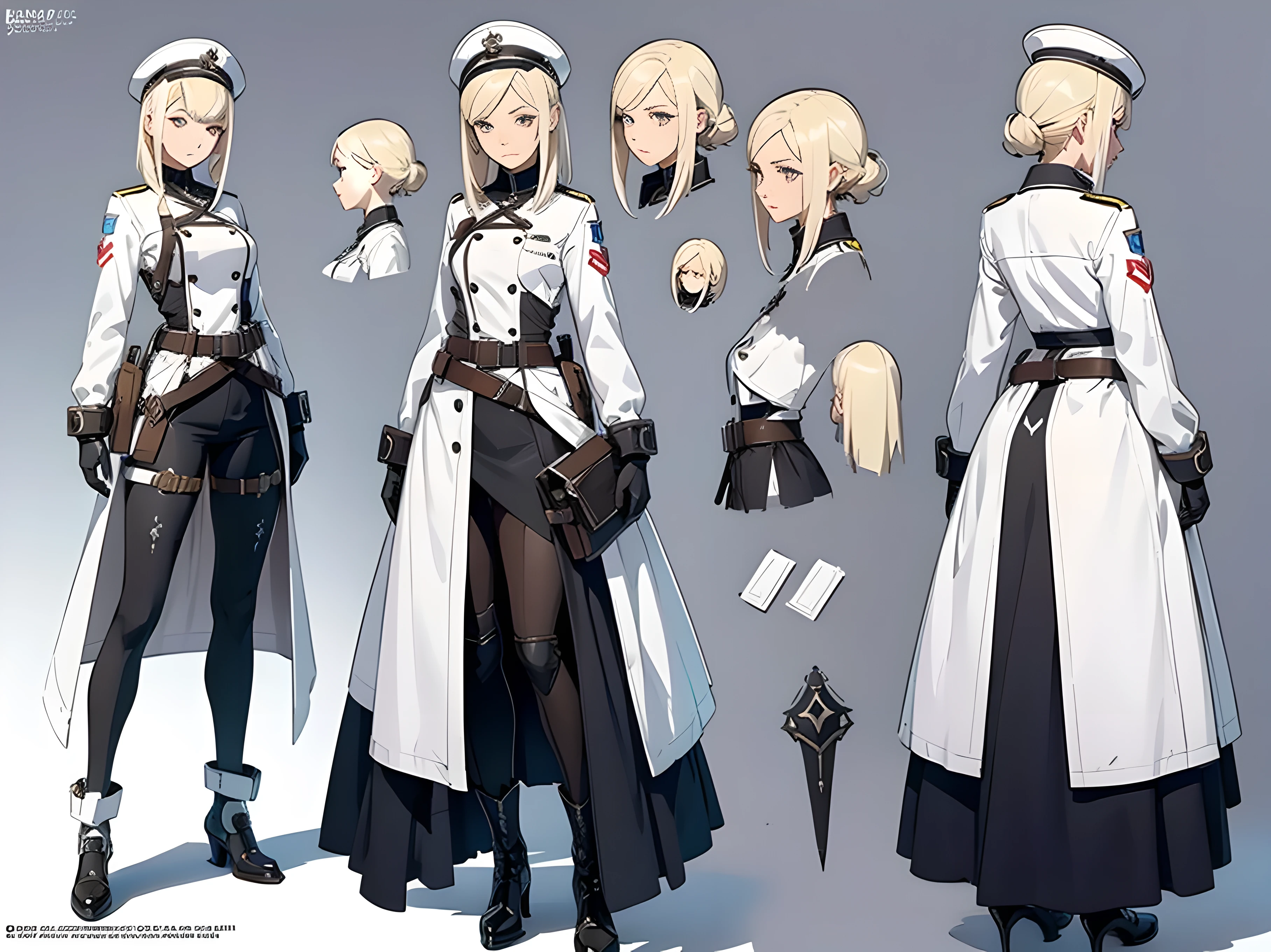 Close-up of a beautiful woman in a medic costume, ((character concept art)), ((creative costume design)), tall figure, ((character design sheet, same character, front, side, back)), sketch, line art, original character art, medic character, medic clothes design , medic girl, girl wearing medic hat, blond color hair, various hairstyle, silver details, white glowing decoration on girl's clothes, expert high detail concept art, medic concept art, funny character design, gravity rush inspiration, Viscous tar. Concept art, multi purpose kit buckle at waist, belt buckle at waist