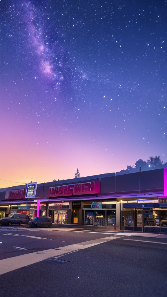 (background only),(master piece),(best quality),(ultra detailed),(realistic),(16k),(exquisite),(absurdres),(7-Eleven parking space),Camera angle is 15°,late night,purple starry sky,night view,