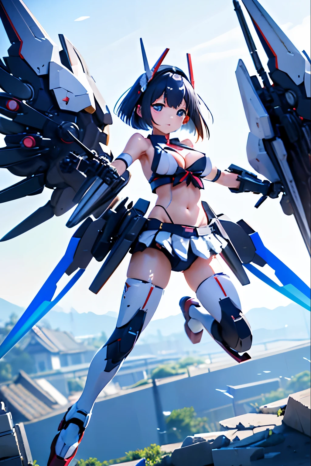 (highest quality)), ((masterpiece)), (very detailed: 1.3), 3D, {(japanese young girl)}, ((wears a futuristic Gundam mecha)),(Gundam), with headgear, with v-fin , ((unarmored cleavage)), ((unarmored stomach)), ((unarmored upper arms)), ((unarmored face)), (unarmored hands), (unarmored waist), ((unarmored thighs)), (unarmored ankles), japanese girl wear light blue and white striped pantie under armor,destroyed city background, multilayer textureperfect proportions, octane rendering, duotone lighting, Low ISO, wide aperture, White balance, Rule of thirds, ultra HD16k, HDR (High Dynamic Range), Ray Tracing, NVIDIA RTX, Super Resolution, Subsurface Scattering, PBR Texturing, Post Processing, Anisotropic Filtering, Depth of Field, Maximum Clarity and Clarity, High efficiency subpixel, subpixel convolution, particles of light, light scattered, Tyndall effect, full body:1.5, battle pose, cute, (cute:1.2), (bob cut:1.3),三つ編み, 黒髪, 太い眉毛, 薄い色の虹彩, 大きくて輝いている黒い瞳, 長いまつげ, 小さく薄い色の自然な唇, (Average face of Japanese idols), (日本人特有の童顔:1.3), (), 広いおでこ:1.2, ふっくらした頬, 小さな顎, visible side boob, (mechanical wings), holding weapon,holding huge weapon, holding Very large shield, , asymmetric body,looking at viewer,Focus on the eyes,with sleek and menacing design,