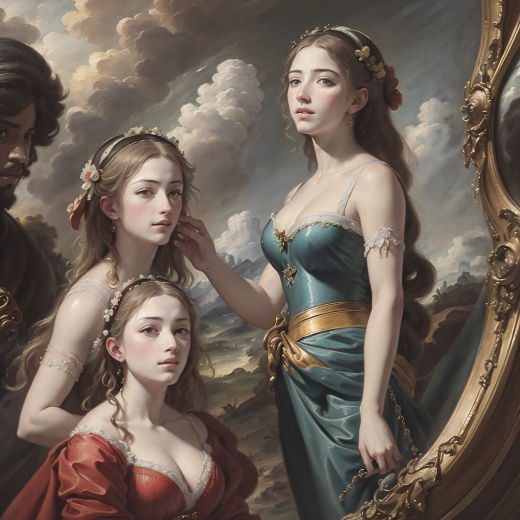 (masterpiece, high-quality), hyper-realism, Caravaggio-style, 8k Renaissance oil painting masterpiece, La Naissance Vénus (1879) by William-Adolphe Bouguereau style, Baroque aesthetics, Venus de Botticelli, demons and angels, renaissance art style. (style: The_Rap_of_the_Daughters_of_Leucippus_de_Peter_Paul_Rubens.),(style: Godfrey_Kneller_em_1689.),high resolution,painterly, Baroque style, chiaroscuro, dynamic composition, dramatic lighting, rich colors, detailed texture, divine expression, religious scene, floating scene --s3