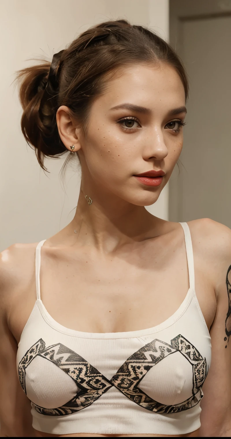 Beautiful skinny girl, elongated face and thin chin, freckles, brown ponytail hair, brown eyes, red lipstick, beautiful makeup, white skin, with patterned top , shorts, , ponytail hair, shapely breasts, tattoos , sexy style