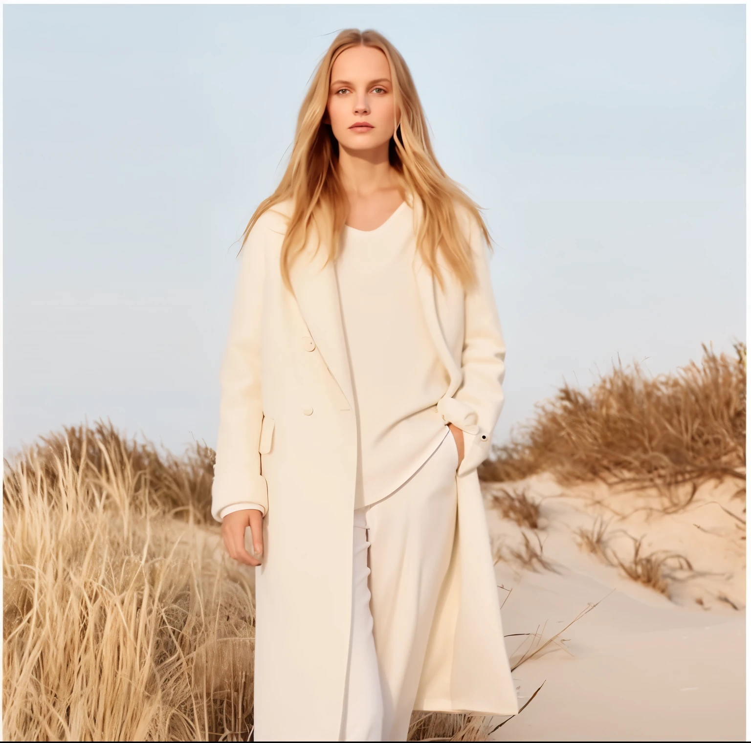 a woman standing on a beach wearing a white coat and white pants, britt marling style, official jil sander editorial, britt marling style 3 / 4, britt marling style 3/4, in style of britt marling, wearing a white winter coat, white clothing, in pastel shades, official vogue editorial, long coat, wearing a duster coat, coat
