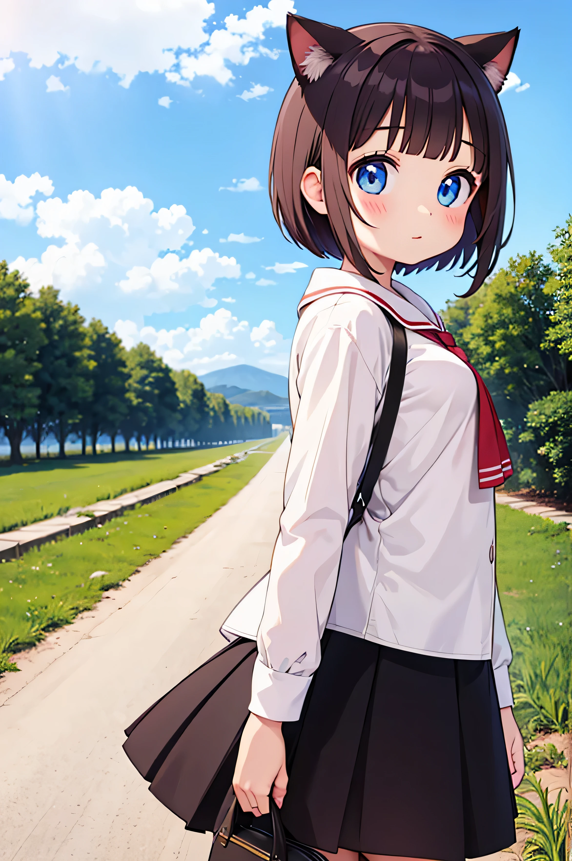 cat ears, feild, red short hair, skirt, wind,