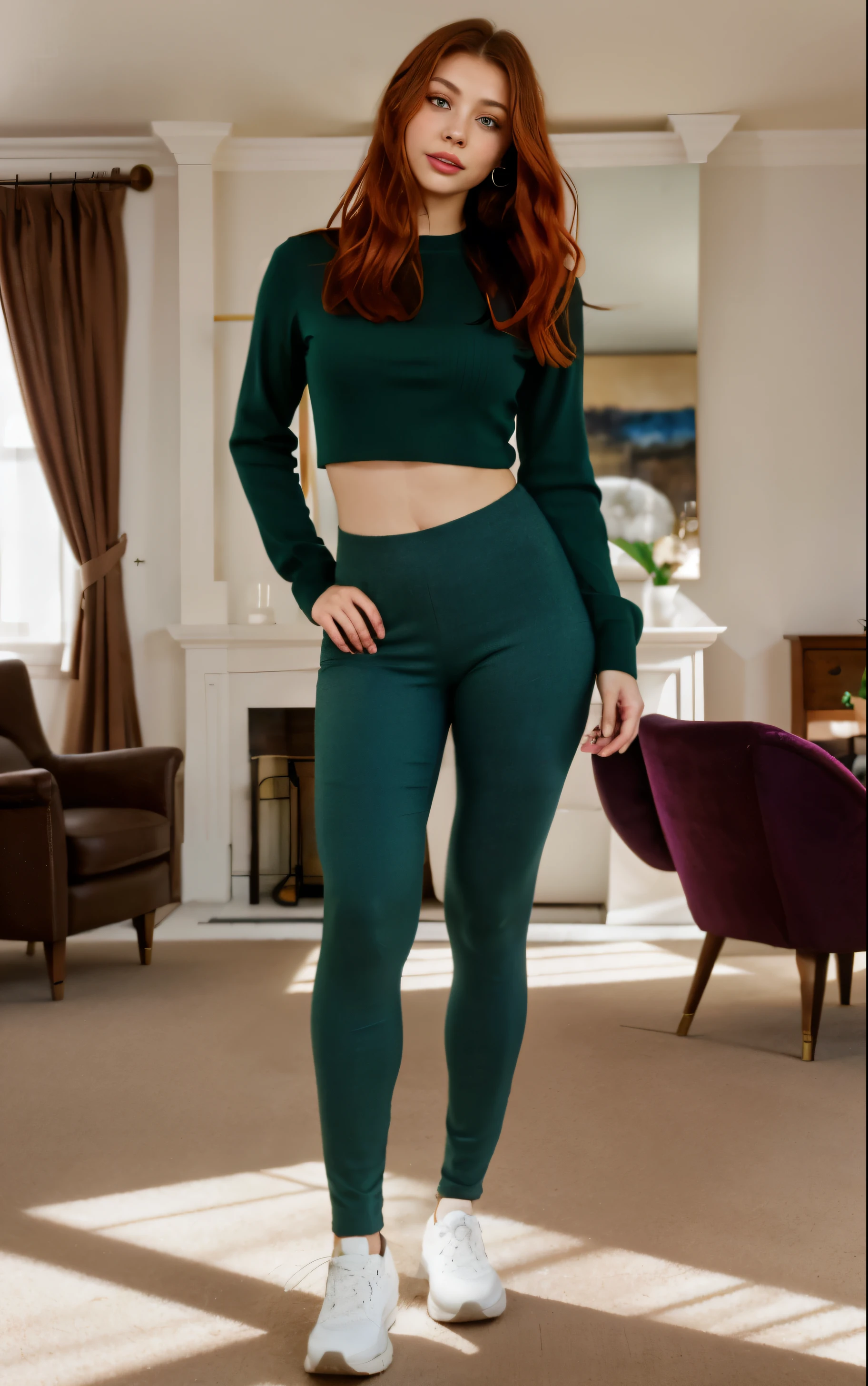 arafed woman fully , with green eyes, ultra realistic, meticulously detailed, portrait sophie mudd, red hair and large eyes, smiling selfie of a young woman, bedroom eyes, violet myers, without makeup, natural makeup, looking directly at the camera, face with artgram, subtle makeup, stunning full body shot in livingroom, strong wind, medium to large size bust,cordset leggins