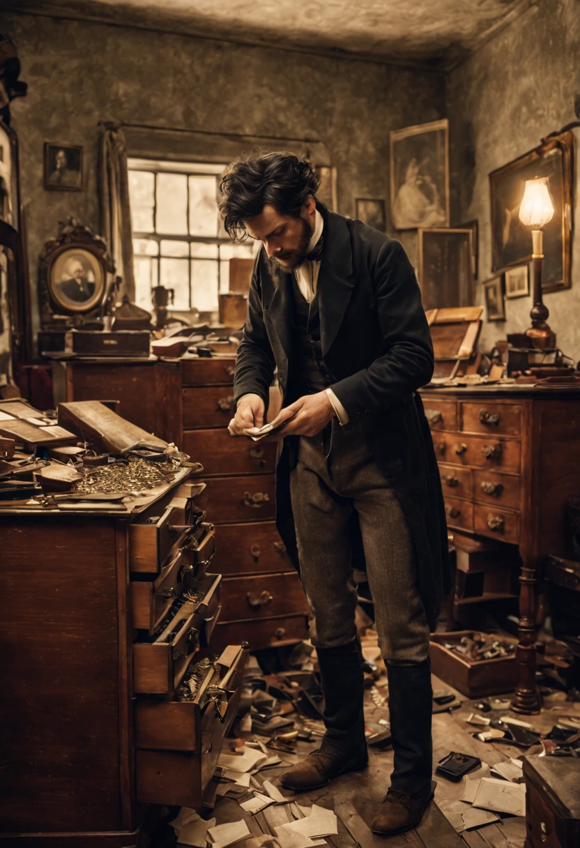 A man is searching a room in London, England in the 19th century. The room is quite messy. All drawers in the room are open. The man is looking for jewels. The man's face is annoyed. The man's hair is matted. The lights in the room flicker. The man has black hair and is 30 years old.
