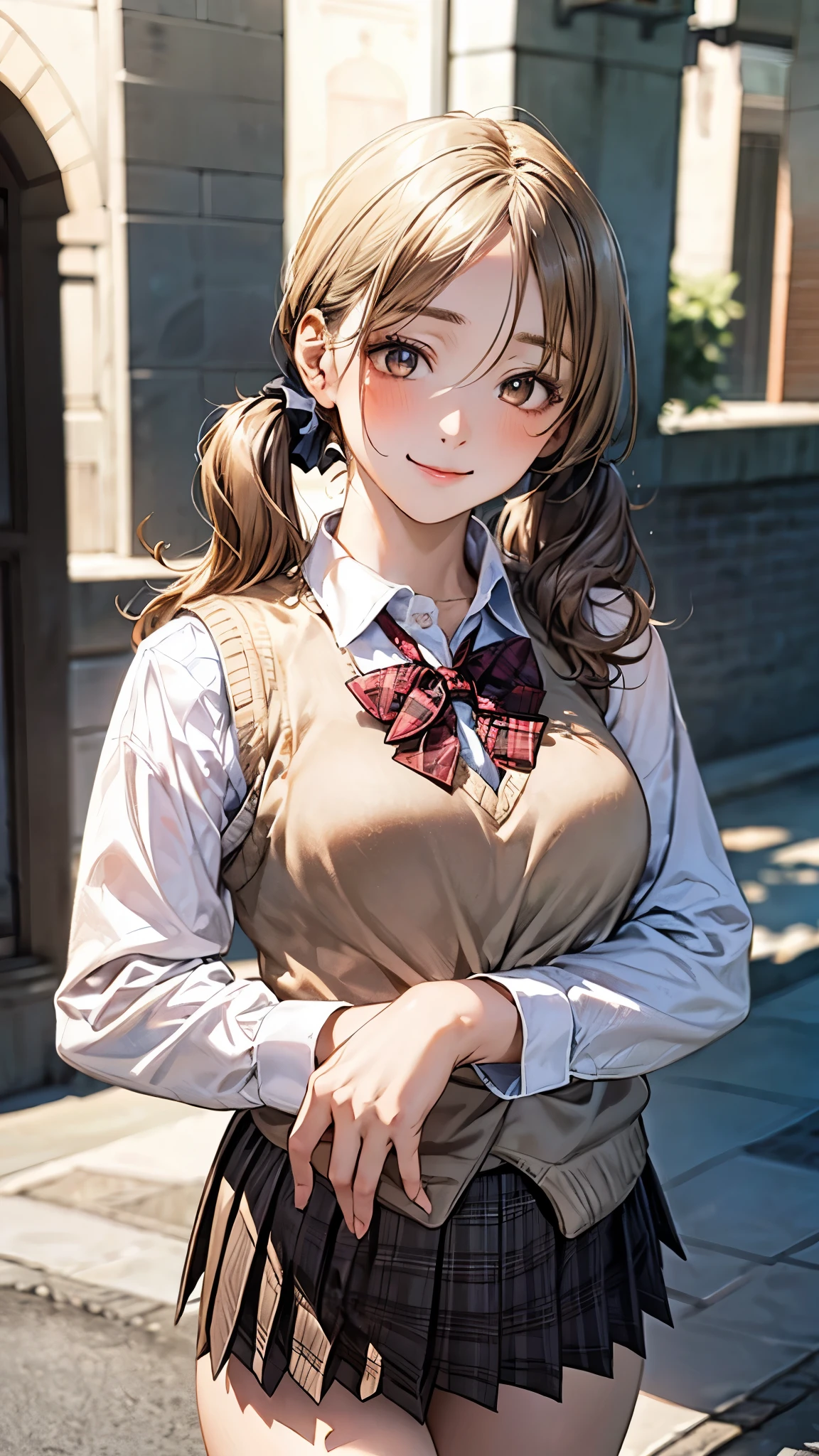 (masterpiece:1.2, top-quality), (realistic, photorealistic:1.4), beautiful illustration, (natural side lighting, movie lighting), 
looking at viewer, cowboy shot, front view:0.6, 1 girl, japanese, high school girl, perfect face, cute and symmetrical face, shiny skin, 
(long hair:1.8, twintails:1.7, blond hair), parted bangs, gold eyes, long eye lasher, (large breasts:0.8, thick thighs), 
beautiful hair, beautiful face, beautiful detailed eyes, beautiful clavicle, beautiful body, beautiful chest, beautiful thigh, beautiful legs, beautiful fingers, 
((long sleeve white collared shirts, light brown plaid pleated mini skirt, socks, brown loafers, red pleated bow tie, beige sleeveless knitted vest)), pink panties, 
(beautiful scenery), evening, riverside, walking, hands on chest, (lovely smile, upper eyes), 