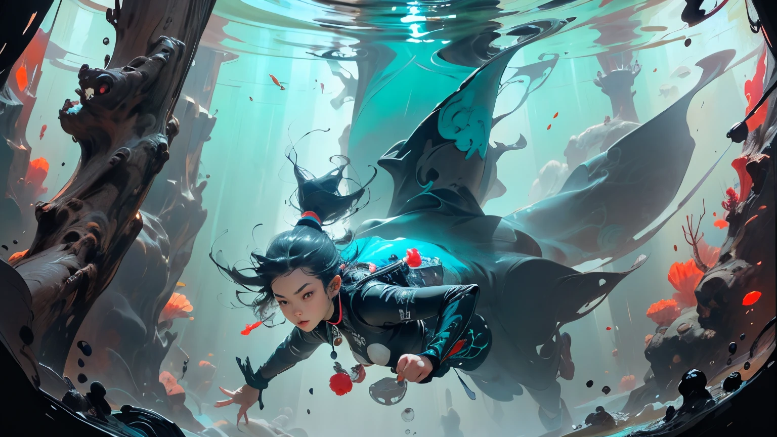 The girl is a diver for shells and pearls. Exotic, warm coral atoll. In an underwater scene, a very beautiful island girl collects shells in the coral reefs underwater. Bluewater, reflections of light from above penetrate through the water, air bubbles, and exotic - tropical underwater landscape. A girl - a diver in a realistic style, flexible - and graceful, with dark skin, and dark long hair developing in the water, dives headfirst for shells on the sandy bottom. Very positive exotic underwater scene - nude islander girl diver. She dives underwater, her hair is developing, there is a necklace on her neck, and there is a bag on a rope for treasure on her bare hips. Realistic visualization, in blue tones, light reflexes, coral atolls in the background (fish, crabs, malus, a variety of underwater tropical animals). High-detail textures, light reflections on the diver’s body, light refraction, and caustics. 8K, FUL HD, cinematic rendering, feature film., black hair, bead necklace, light smile, seductive smile, Surrealism, Futurism, chiaroscuro, ray tracing, reflection light, partially underwater shot, first-person view, from below, panorama, sideways, Surrealism, Futurism, Contemporary art, chiaroscuro, sparkle, ray tracing, reflection light, partially underwater shot, first-person view, wide shot, from below, panorama, perspective, sideways, Surrealism, Futurism, chiaroscuro, reflection light, backlighting, letterboxed, from below, panorama, UHD, masterpiece, high quality, award-winning, UHD, masterpiece, accurate, high details, award-winning, best quality, HD, 16k, masterpiece, anatomically correct, accurate, textured skin, super detail, high details, high quality, award-winning, best quality, HD, 8k