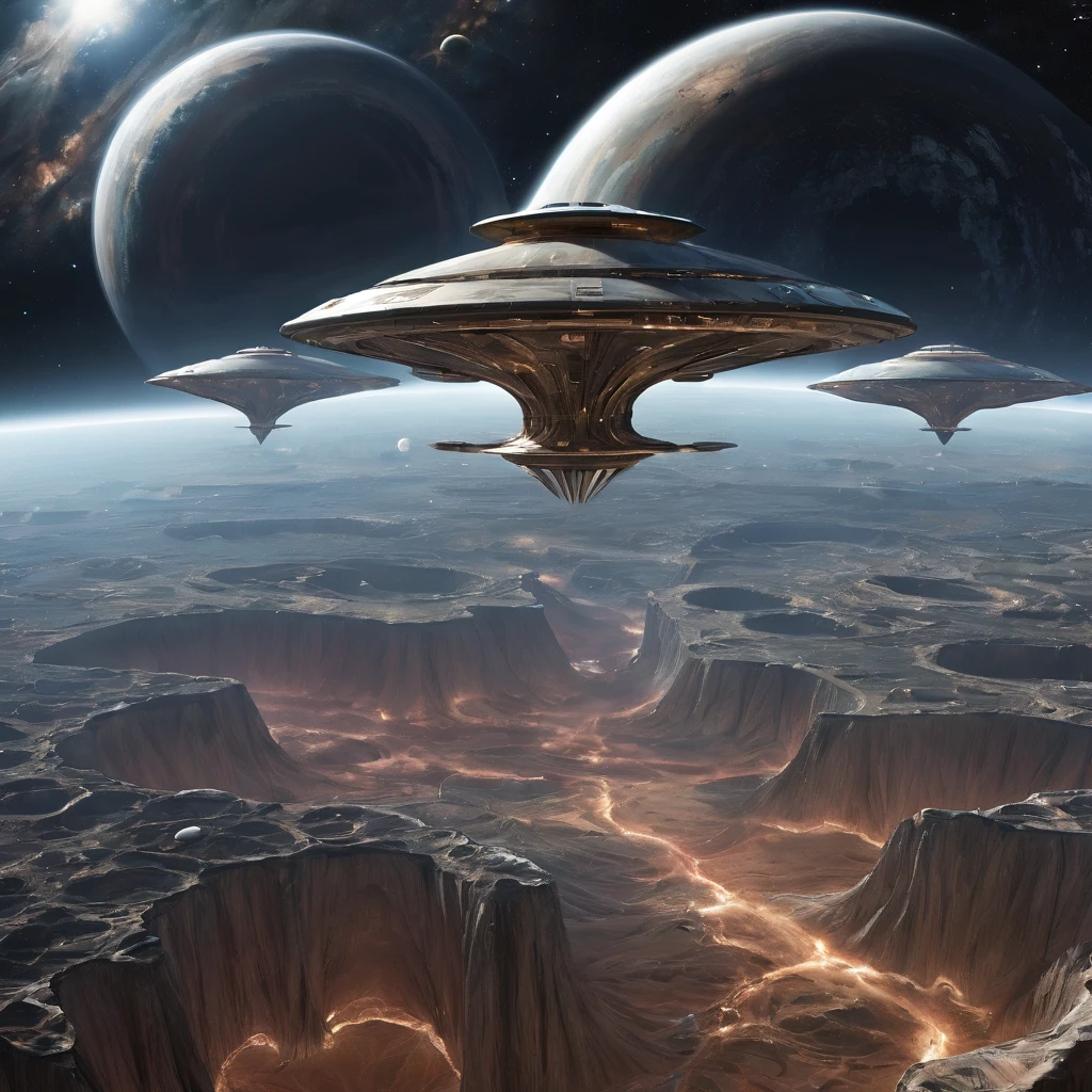 des vaisseaux spatiaux gravites autour d'un module spatial alien ou terrestre