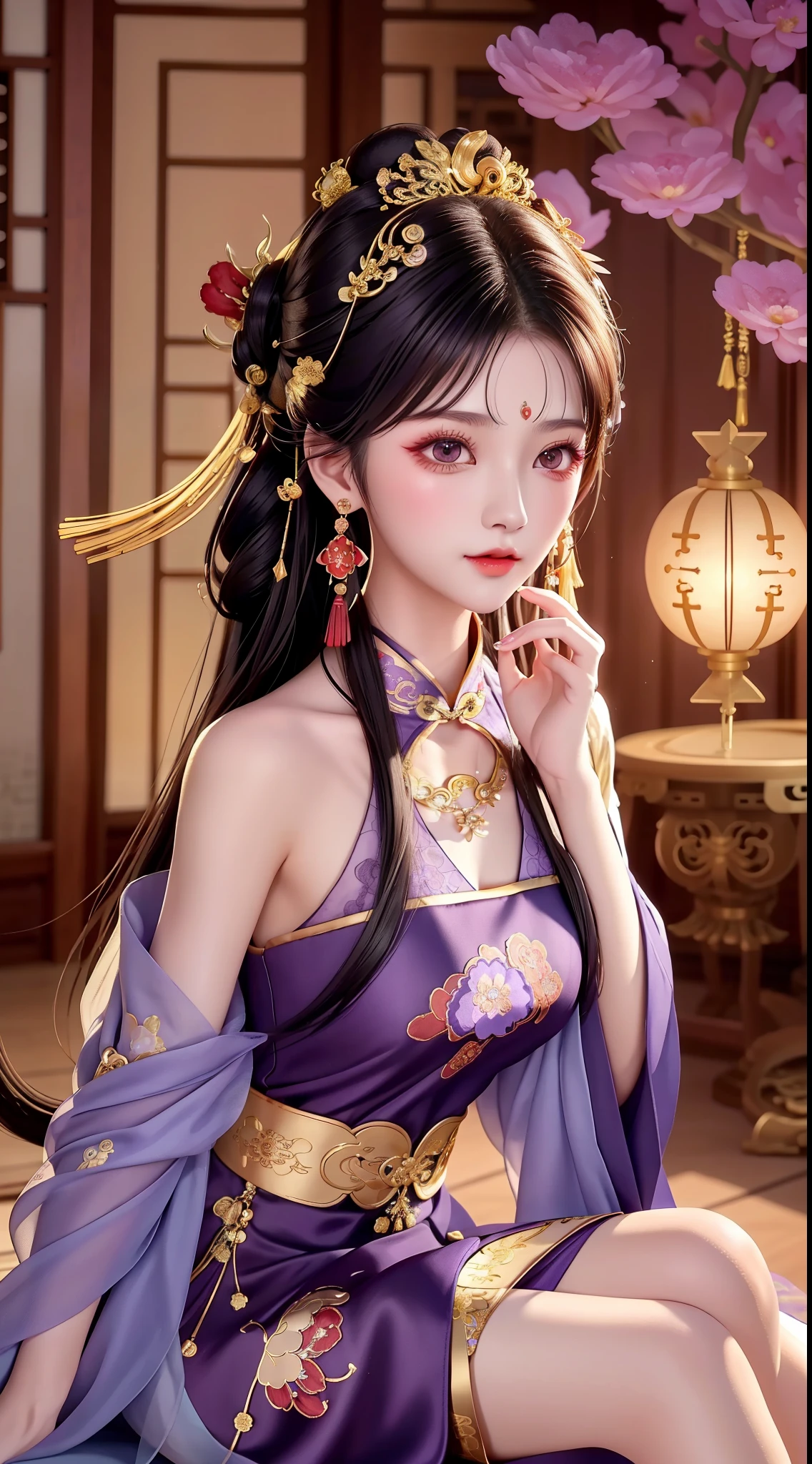 best quality, masterpiece, pretty face, 1 girl, long_hair, solo, Body的上半部分_Body, Porcelain dress,shift dress,hair accessories, necklace, jewelry, long white hair, ear nipple ring, Highly detailed Hanfu,8K resolution,ultra high resolution,A young girl, a cute girl,Short hair details,bun,lipstick,Tassel earrings,necklace,Black clear eyes,光滑的hair,clavicle,Exquisite and perfect facial features, The most beautiful big eyes,long eyelashes,眼睛甜甜的还有lying silkworm,dynamic angle,Ultimate picture quality,highest precision,Precise and perfect human anatomy,(((business attire,Slim red cheongsam,Purple gold embroidery))),((sitting)),Heartwarming scene,ultra high resolution,Ultra-clear retro black flowing long hair,Exquisite buns)through bangs,(long flowing hair,配一个bun:1.3)),精致的clavicle,beautiful make up,Exquisite and perfect facial features,,big watery eyes,lying silkworm,long eyelashes,The eyes are sweet and have eye shadow,slim waist,don't show your hands,,lipstick,blush blush,Delicate earring earrings