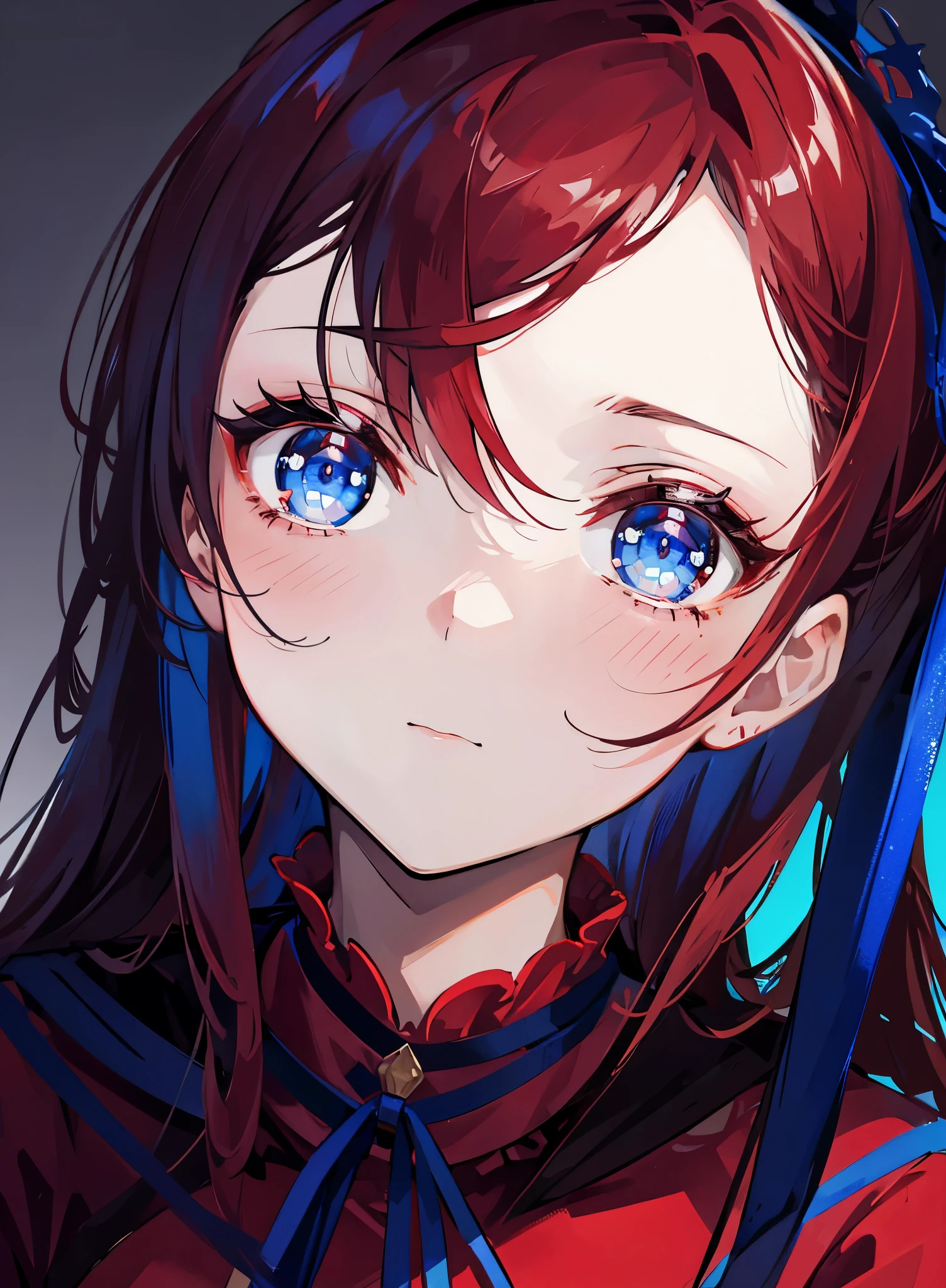 Blue pupils,red and white gown,Long reddish brown hair,Extremely stunning