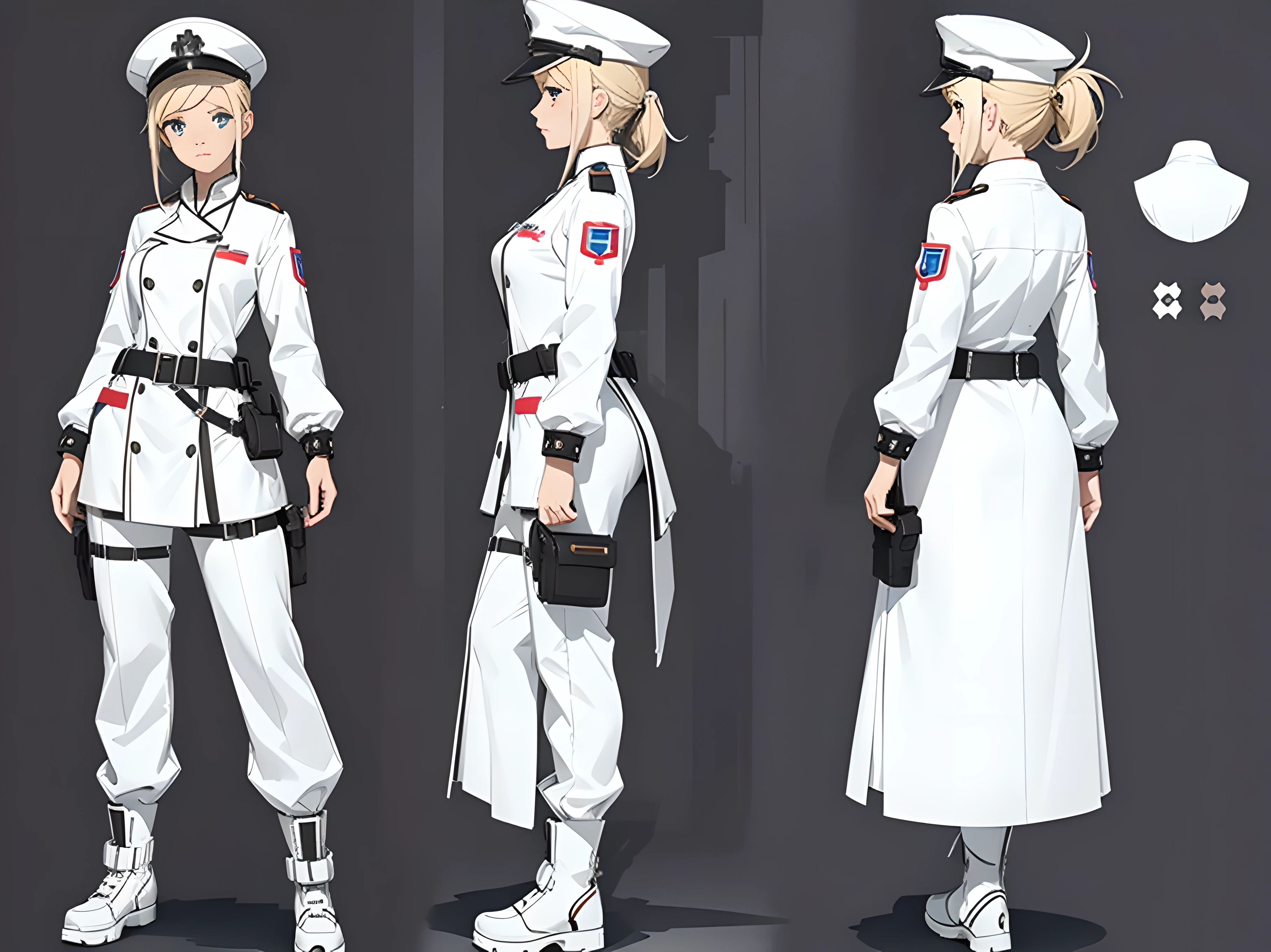 Close-up of a beautiful woman in a medic costume, ((character concept art)), ((creative costume design)), tall figure, ((character design sheet, same character, front, side, back)), sketch, line art, original character art, medic character, medic clothes design , medic girl, girl wearing medic hat, blond color hair, various hairstyle, silver details, white glowing decoration on girl's clothes, expert high detail concept art, medic concept art, funny character design, gravity rush inspiration, Viscous tar. Concept art, multi purpose kit buckle at waist, belt buckle at waist, white jacket