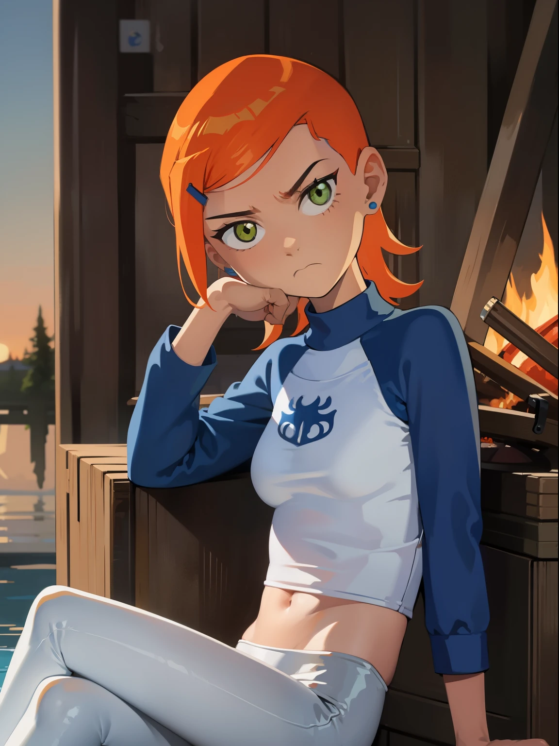 masterpiece, best quality, Gwendolyn_tennyson, 1 girl, alone, white pants, long sleeves , sitting, campfires, warm light , Put your hands on your face , angry, head tilt, look to the side, huge breasts，Dead reservoir water swimsuit，Bare胸部，Bare