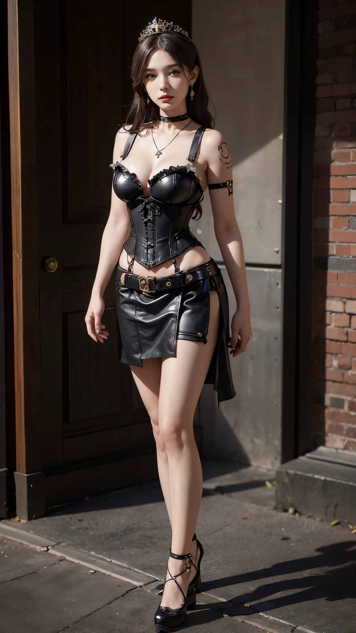((masterpiece:1.4)、(highest quality:1.4)、(realistic:1.7))、master piece:1.4、(Finest rendering:1.4)、(steampunk:1.4)、Ultra-realistic portrait of Queen Quito、The beautiful queen of Kaval, a remote galaxy planet.、super pretty girl queen、((1 girl:1.4))、Shiny natural skin texture、(Luxurious shiny leather:1.4)、(黒い革の衣装を着たsteampunkの女王:1.4)、steampunkなピンナップガール:1.4、steampunkな美少女、steampunkの衣装を着たかわいい女の子、(black leather corset:1.4)、garter belt、(Please wear a harness that fits your body:1.4)、(black leather super mini skirt)、steampunkルーム、steampunkサイバーパンク、詳細なsteampunkの衣装に身を包んだ:1.4、(Attire that emphasizes beautiful breasts:1.4)、19 years old、(cute tattoo:1.4)、(perfect female body:1.4)、perfect proportions:1.4、girl portrait photography、(standing:1.4)、(full body photo:1.4)、fantasy art、soft front light、beautiful face、beautiful breasts、big breasts:1.2、sexy butt、detailed eyes、beautiful and attractive eyes、beautiful eyes、narrow waist、beautiful feet、Raw photo、red lips、red high heels、(tiara:1.4、choker:1.4、necklace:1.4、earrings:1.4)、1 screen display、steampunkな宮殿に立つ超美人女王