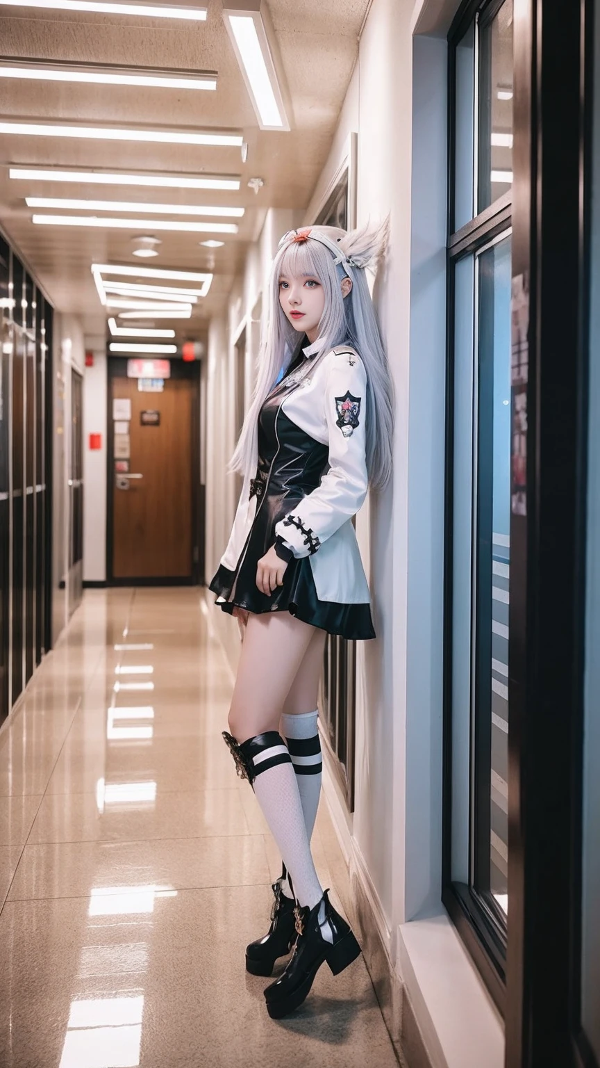 anime girl with long hair and white coat standing in a hallway, girls frontline style, from girls frontline, from arknights, portrait anime space cadet girl, cute anime girl, anime visual of a cute girl, silver hair girl, an anime girl, anime mecha aesthetic, anime aesthetic, beautiful anime portrait, portrait anime girl, pretty anime girl, beautiful anime girl