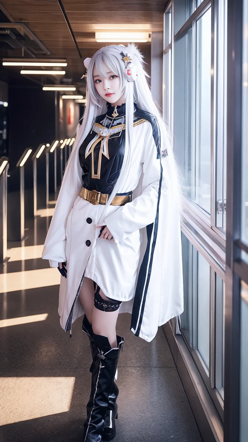 anime girl with long hair and white coat standing in a hallway, girls frontline style, from girls frontline, from arknights, portrait anime space cadet girl, cute anime girl, anime visual of a cute girl, silver hair girl, an anime girl, anime mecha aesthetic, anime aesthetic, beautiful anime portrait, portrait anime girl, pretty anime girl, beautiful anime girl