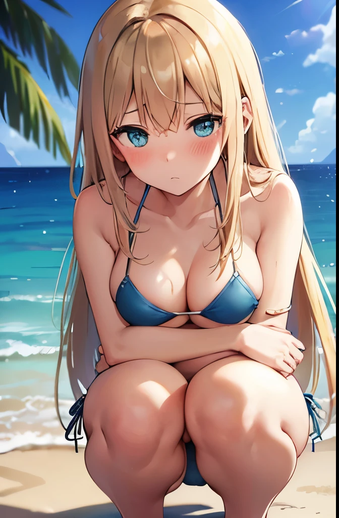 20 years old women,blonde staright long hair,green eyes,(blush:1.2),medium breasts,(dark blue bikini bottom:1.3),squatting,beach,clear sky,(pov:1.4)