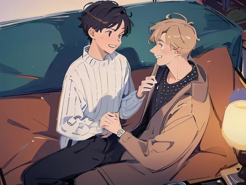 ((masterpiece)), ((absurd)), ((Perfect work)), ((super high quality)), ((Ultra high detail)),(sweater,Pants, Sitting on the sofa),relaxation,laughter,youth,A handsome guy and a cute man are sitting on the sofa. They looked at each other,Eyes full of love.There was someone watching them quietly