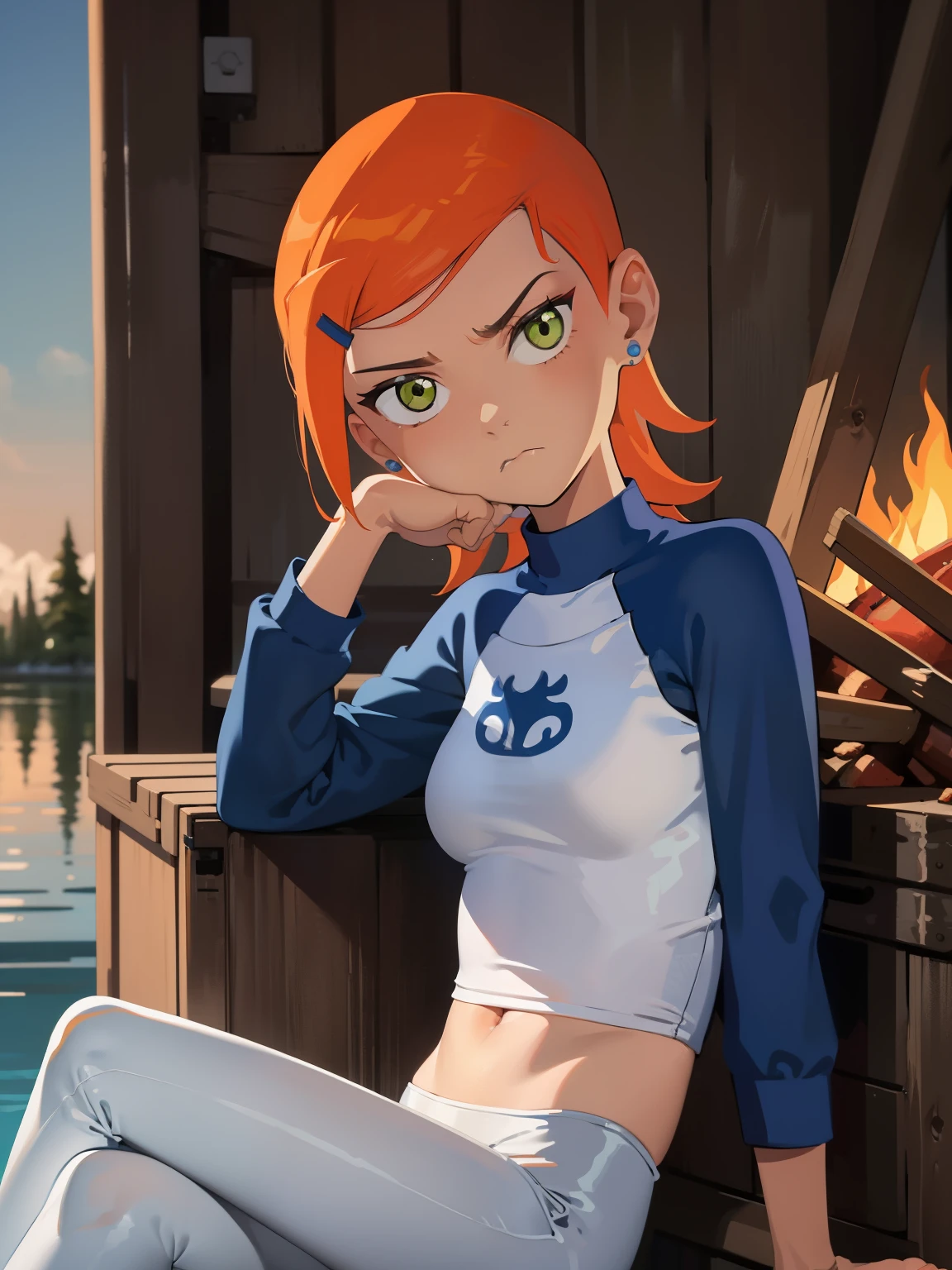 masterpiece, best quality, Gwendolyn_Tennyson, 1girl, solo, white pants, long sleeves , sitting, campfire, warm lighting , hand on own face , annoyed, head tilt, looking to the side, gigantic breasts, breast focus,  boob window, bare breasts 