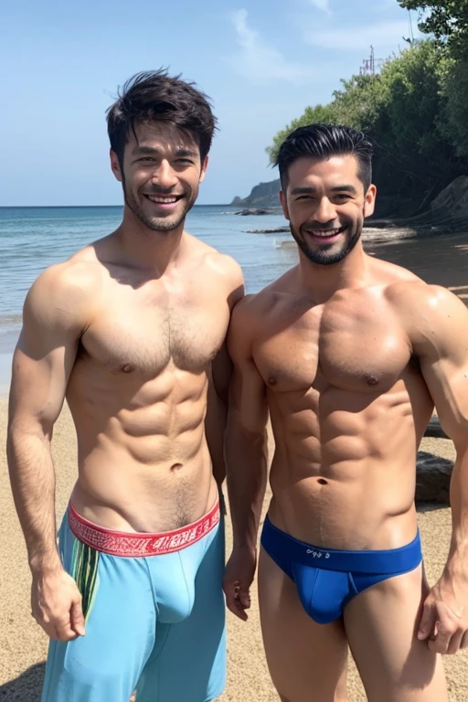 Two men pose as cats、30 years old、male、Japanese、very handsome、Topless、abs、Pectoral muscle、shiny underwear、smile、