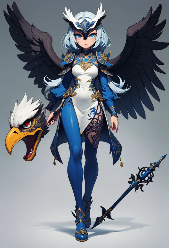 (Detailed illustrations,Very detailed and detailed drawing,Delicate lines with slow and rapid,Realistic texture expression),[Color tressed main line],(Fantasy World Battlefield Background [Burning castle]),(GIRL ROBOT (blue wild eagle [(Mask of God) [[METALFACE]]]) (SKINNY)) [WEAPON MACHINE [battle shaman]],[Beautifully decorated arms and legs [(Graceful figure)feather dress]],eagle pattern,[use a spear as a weapon],[[Mobile Weapon Gigant Size][Science Fiction Mechanical]],(Intricate and beautiful decoration [Dense detail]),[Transparency],(Precisely drawn face)[完璧な目のdetaileds(Iris beautifully drawn in every detail)[Jewel-like eyes]],[long and beautiful eyelashes],[Meticulously drawn hair [美しく艷やかな髪のdetaileds]],(完璧な手のdetaileds [Beautiful fingers without breakdowns [Beautiful nails]]),(Perfect Anatomy(Perfectly proportioned))[[Full body like]],[Ideal color coordination(Accurate simulation of light-material interactions)],([Precision Detail](detaileds,high-detail)),[Visual art that conveys a sense of narrative].