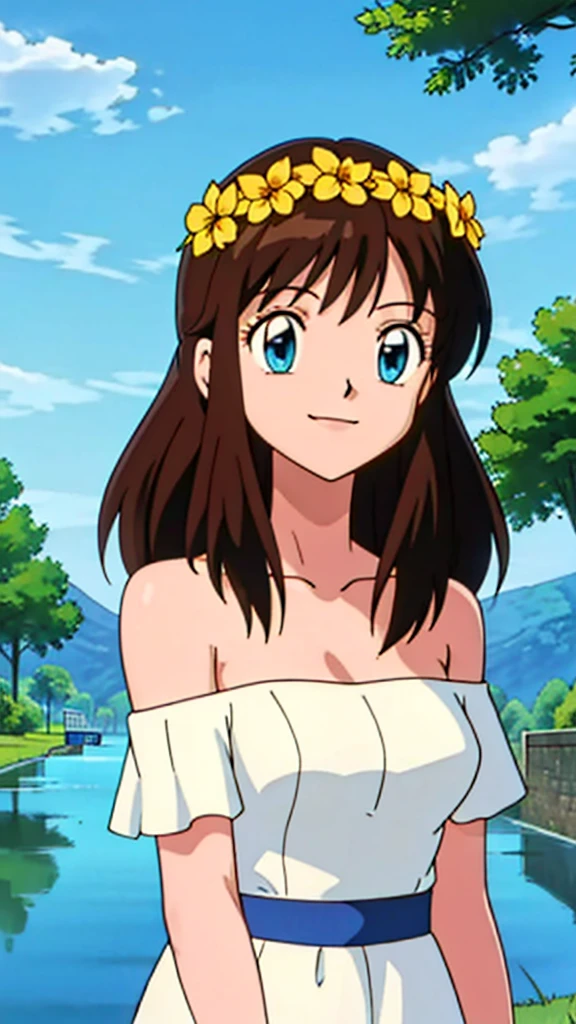 Melody, 1 girl, brown hair, blue eyes, bare shoulders, strapless, off shoulders, ruffle off the shoulder top, white maxi dress, close up headshot, intricate details, sharp focus, high resolution, the background of beautiful flower park with trees and canals, beautiful sunny day, smile