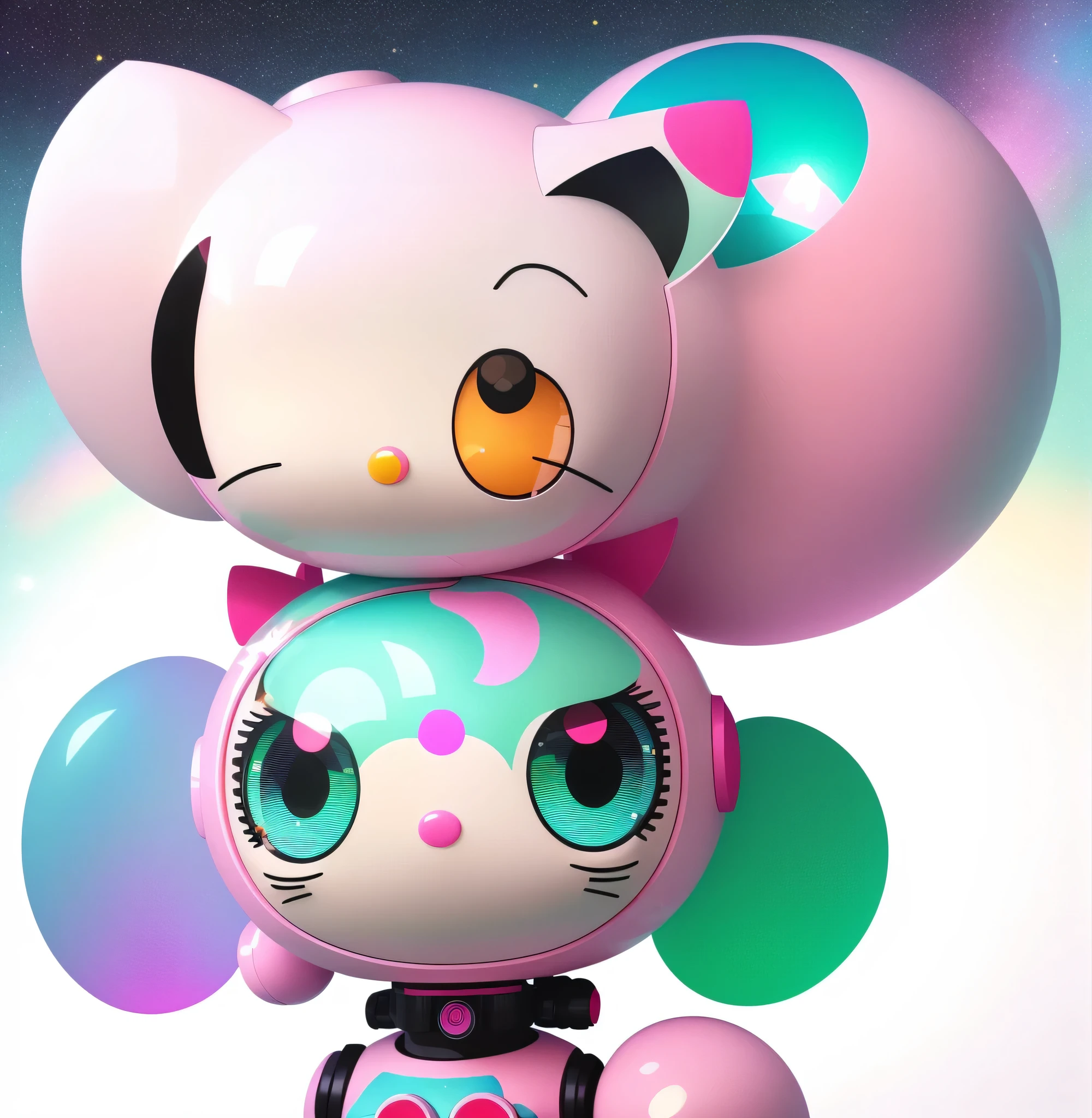 Close-up of Hello Kitty figure in pink costume, Beeple and Jeremiah Ketner, Cute HQ rendering, Beeple and James Jean, detailed cosmic angelic robot, pink iconic character, inspired by Takashi Murakami, Beeple&#39;s style hybrid mix, style of takashi murakami, takashi murakami art style, sanrio funny