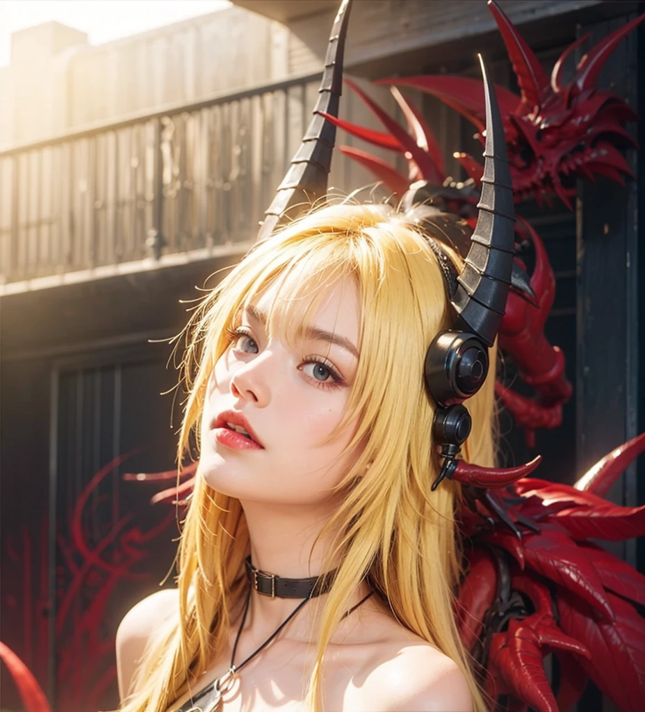 DarknessLora, blonde hair, red eyes, very long hair, horns, claws, choker, hair intakes, loincloth