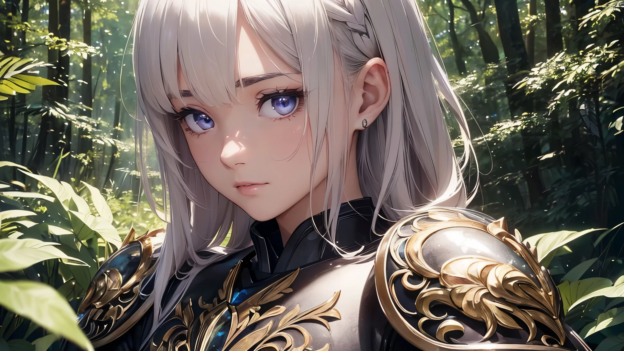 a sserafimsakura, perfect eyes, (ultra realistic:1.5), (standing in forest:1.2), (close-up photo:1.5), (black paladin armor:1.2), (intricate:1.2), (looking at camera:1.2), (best quality:1.2),
