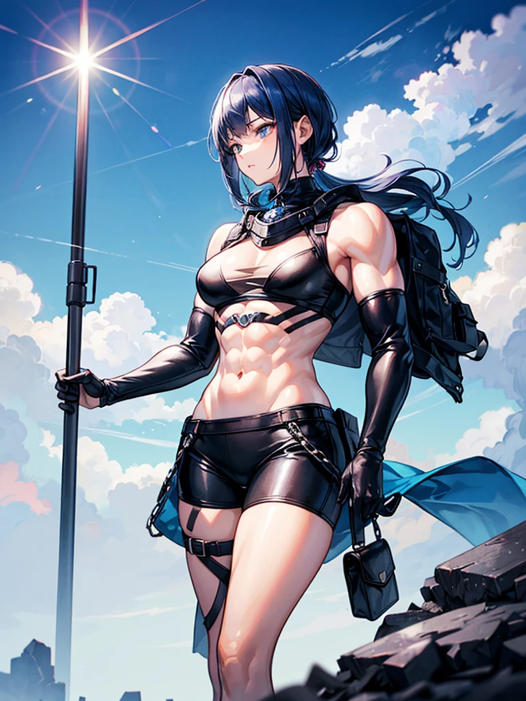 (((masterpiece、Highest image quality、highest quality、highly detailed unity 8kwallpaper)))、((Illustration of one girl))、(((beautiful girl)))、blue hair、stocky build, thickset physique:1.3, muscular legs, broad shoulders, solid chest、white clothes