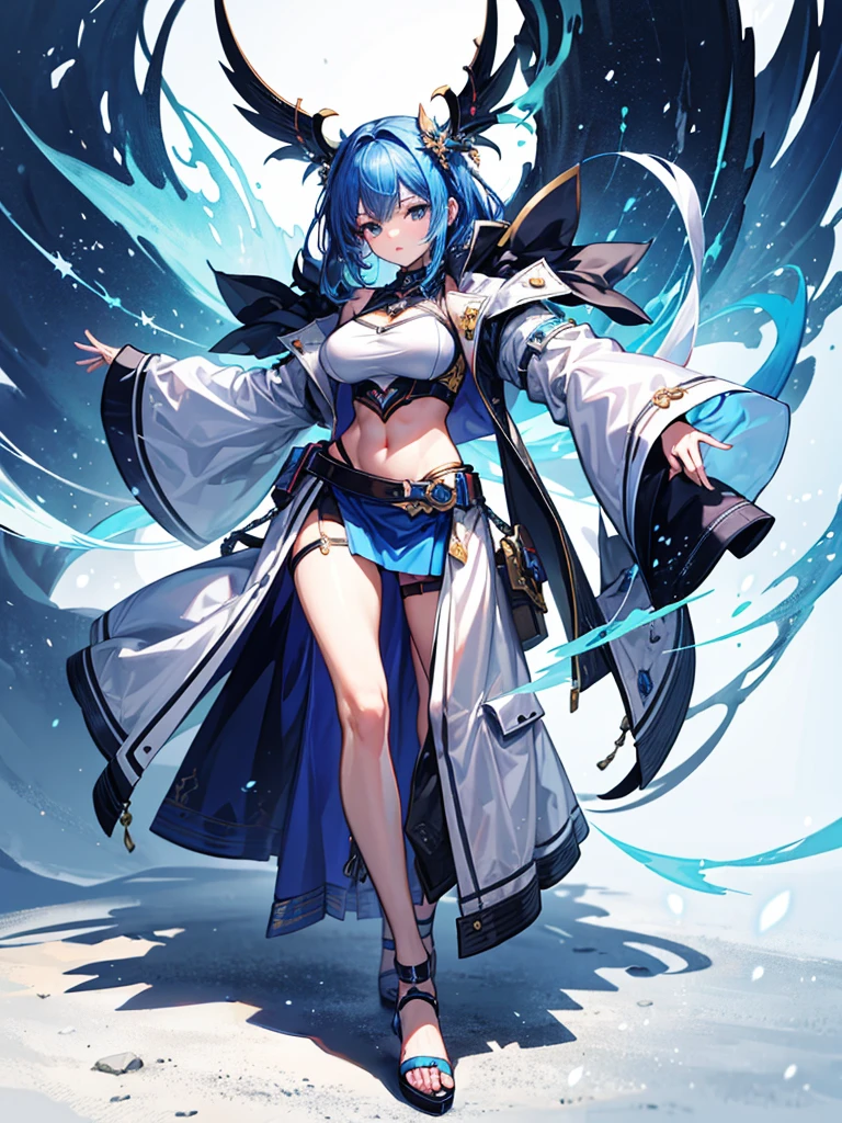 （（（masterpiece、Highest image quality、highest quality、highly detailed unity 8ｋwallpaper）））、（（Illustration of one girl））、（（（beautiful girl）））、blue hair、stocky build, thickset physique：1.3, muscular legs, broad shoulders, solid chest、white clothes