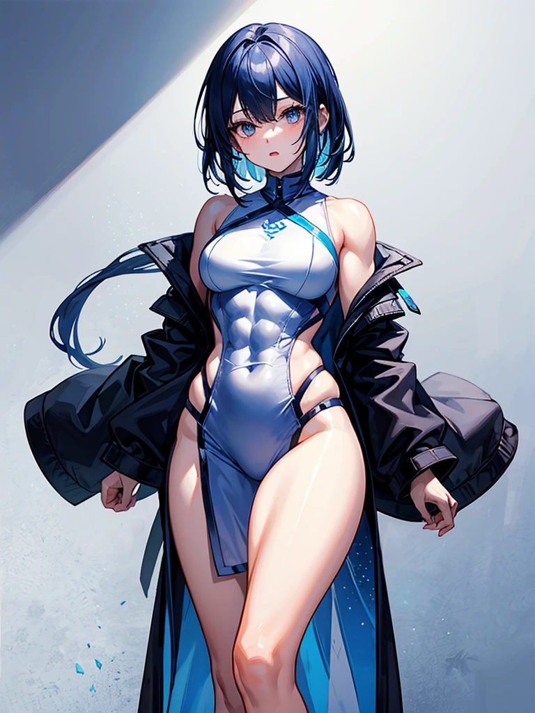 （（（masterpiece、Highest image quality、highest quality、highly detailed unity 8ｋwallpaper）））、（（Illustration of one girl））、（（（beautiful girl）））、blue hair、stocky build, thickset physique：1.3, muscular legs, broad shoulders, solid chest、white clothes