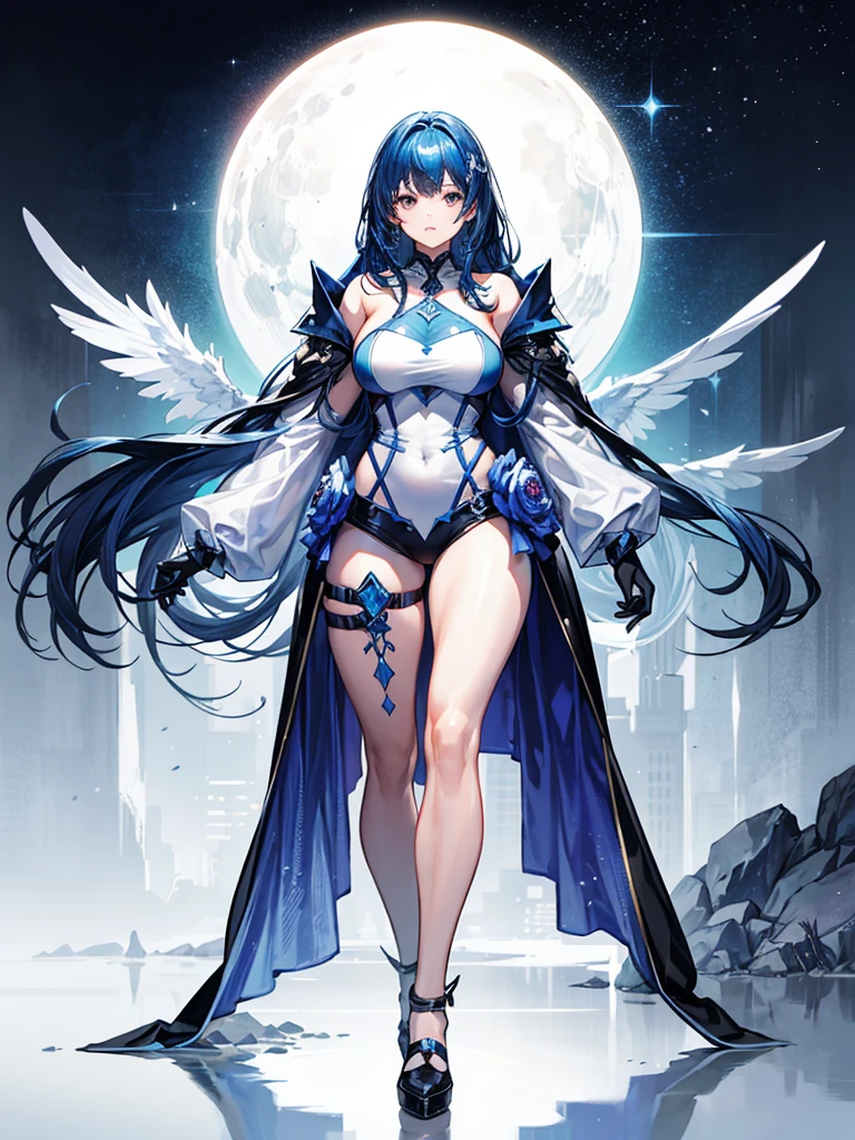 （（（masterpiece、Highest image quality、highest quality、highly detailed unity 8ｋwallpaper）））、（（Illustration of one girl））、（（（beautiful girl）））、blue hair、stocky build, thickset physique：1.3, muscular legs, broad shoulders, solid chest、white clothes