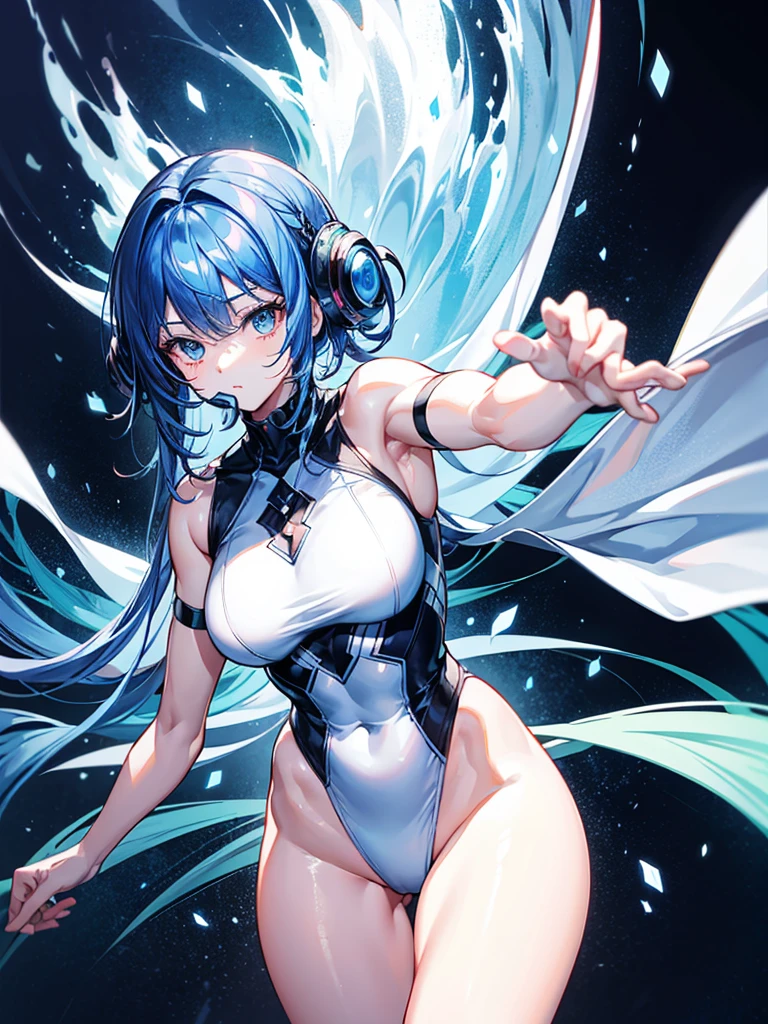 （（（masterpiece、Highest image quality、highest quality、highly detailed unity 8ｋwallpaper）））、（（Illustration of one girl））、（（（beautiful girl）））、blue hair、stocky build, thickset physique：1.3, muscular legs, broad shoulders, solid chest、white clothes