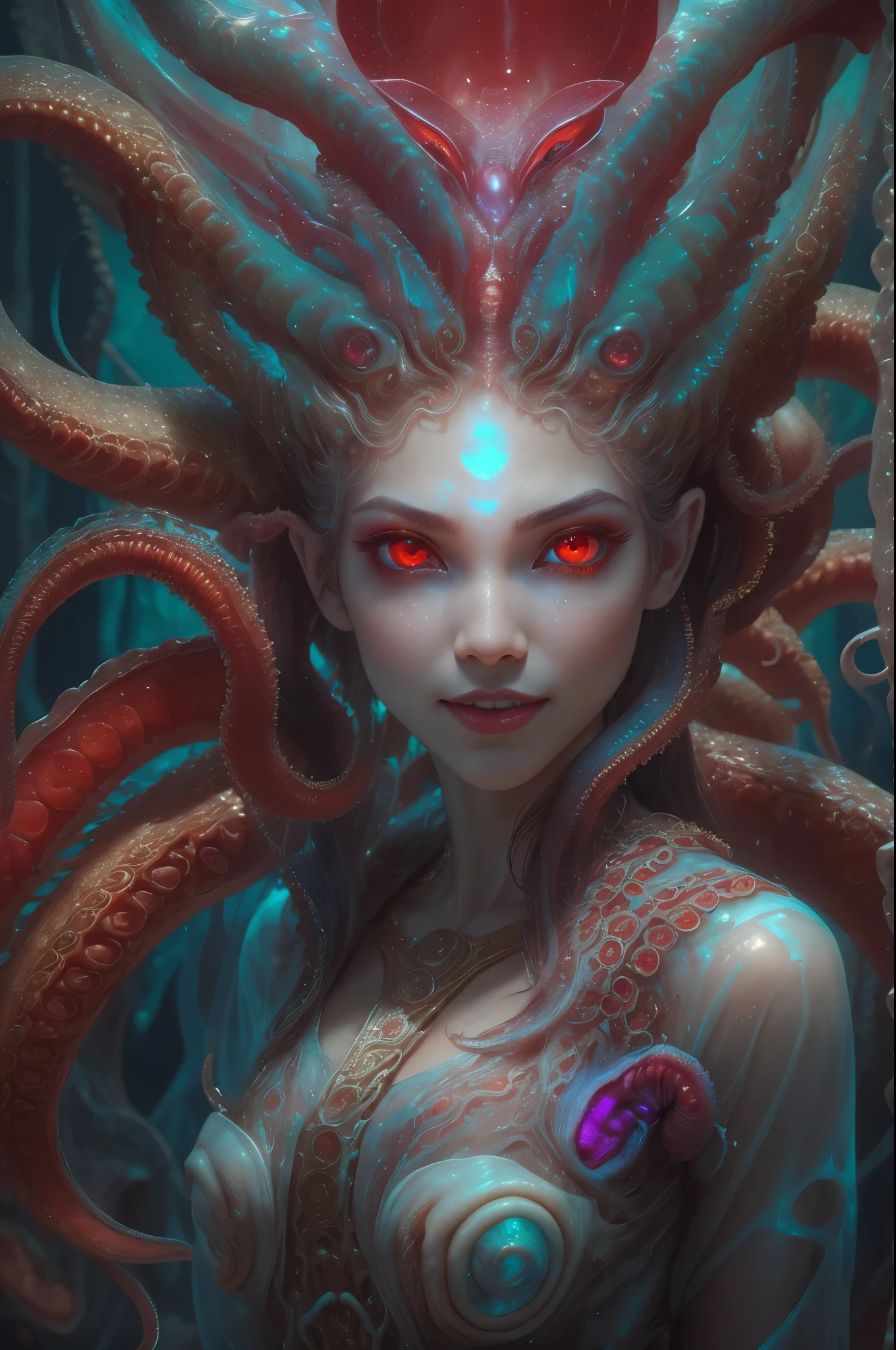 scary and sexy detailed art in color, Portrait, (beautiful and obscene female alien:1.4), (vulgarity1.5), (she has glowing red eyes with no pupils:1.8), (Translucent skin:1.7),  ((There is a female genital-like organ in the middle of the forehead:1.9)), (The most beautiful face in the history of the universe:1.2),an evil gaze that seduces, (large mouth:1.1), (sharp teeth like a vampire:1.2), Full body portrait, (bio luminescent:1.5), (Smile wickedly:1.3),  (sexypose:1.5), incredibly beautiful matured alien, (she has unparalleled beauty:1.5),  No humans, cells are fused, (Lots of translucent tentacles:1.6) extraterrestrial, cell, bio image, best quality, 8K,In 4K_quality, High freshness, Dramatic Lighting, masterpiece:1.5, cinematic quality, detail up, (exquisite details:1.2), high resolution, High freshness, drawing faithfully, (Thick eyebrows:1.2), Beautiful eyes with fine symmetry, (Highly detailed face and eyes:1.2),  (Super detailed skin quality feeling:1.1), perfect anatomy,  (Beautiful toned body:1.5),  (Moist skin:1.2), not wearing makeup, (dark circles:1.1), long canines, cinematic drawing of characters, ultra high quality model, cinematic quality, detail up, (exquisite details:1.2), high resolution, High freshness, drawing faithfully, official art, Unity 8K Wall  , 8K Portrait, best quality, Very high resolution, ultra detailed artistic photography, midnight aura,  unreal engine 5, Ultra Sharp Focus, art by Amano Yoshitaka, ArtGerm, Roisch, intricate artwork, best quality, masterpiece, ultra high resolution, (photos realistic:1.4), ultra realistic realism, dream-like, nautilus, Creation of fantasy, Snail, Dream Snail, (biopunk nautilus:1.3),Thrilling color schemes, ultra realistic realism, seductively smiling, (white tentacles with stripes:1.2), subtle emerald green accents, (expression of ecstasy:1.6) , in the dark, she has snake-like eyes
