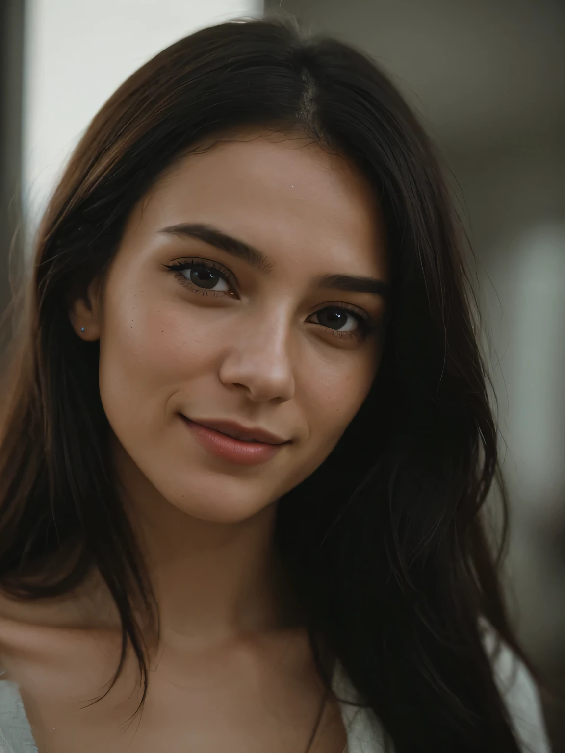 Seductive close-up editorial photo generation of a 21 year old woman. The focus is、0 should be on her intricate and detailed face.7 Probability of catching a genuine smile. Imagine putting her in a bad mood, dim study, Set the scene with director Lee Jeffries' cinematic vision. Take advantage of the excellent Nikon D850 camera paired with 35mm Kodak Portra 400 film, Featuring F1.6 lenses to ensure vivid and rich colors. Emphasis on hyperrealism, Great attention is paid to the drama of texture and lighting similar to Cinestill 800 film. As a result、As well as embodying cinematic excellence、The result is a portrait that exudes a wealth of intricate and realistic details.