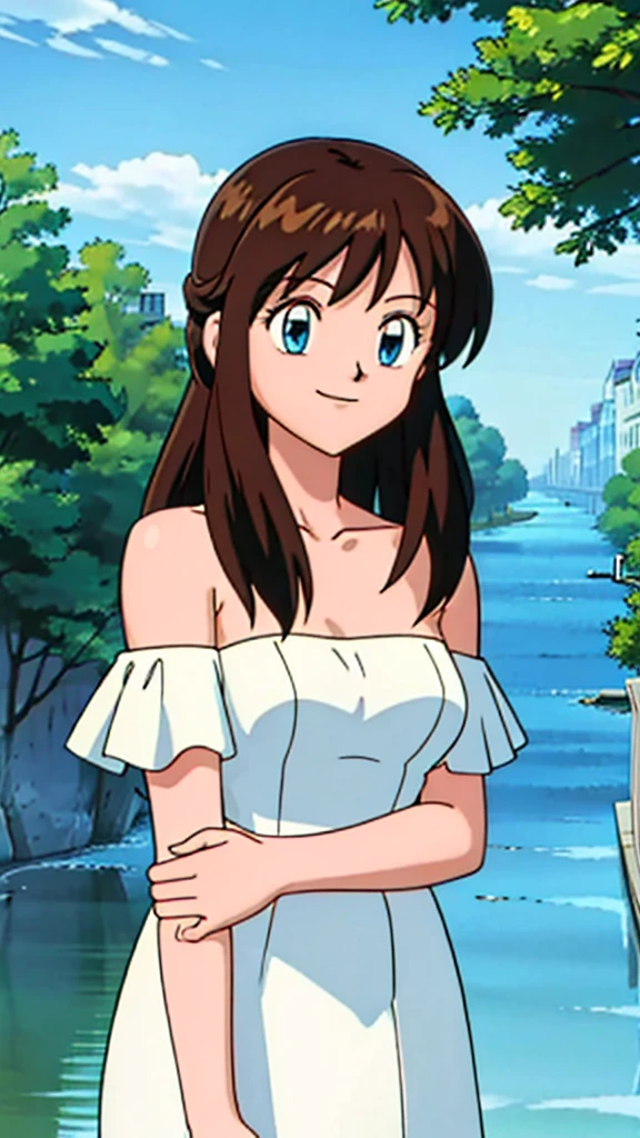 Melody, 1 girl, brown hair, blue eyes, bare shoulders, strapless, off shoulders, ruffle off the shoulder top, white maxi dress, close up headshot, intricate details, sharp focus, high resolution, the background of beautiful park with trees and canals, beautiful sunny day, smile