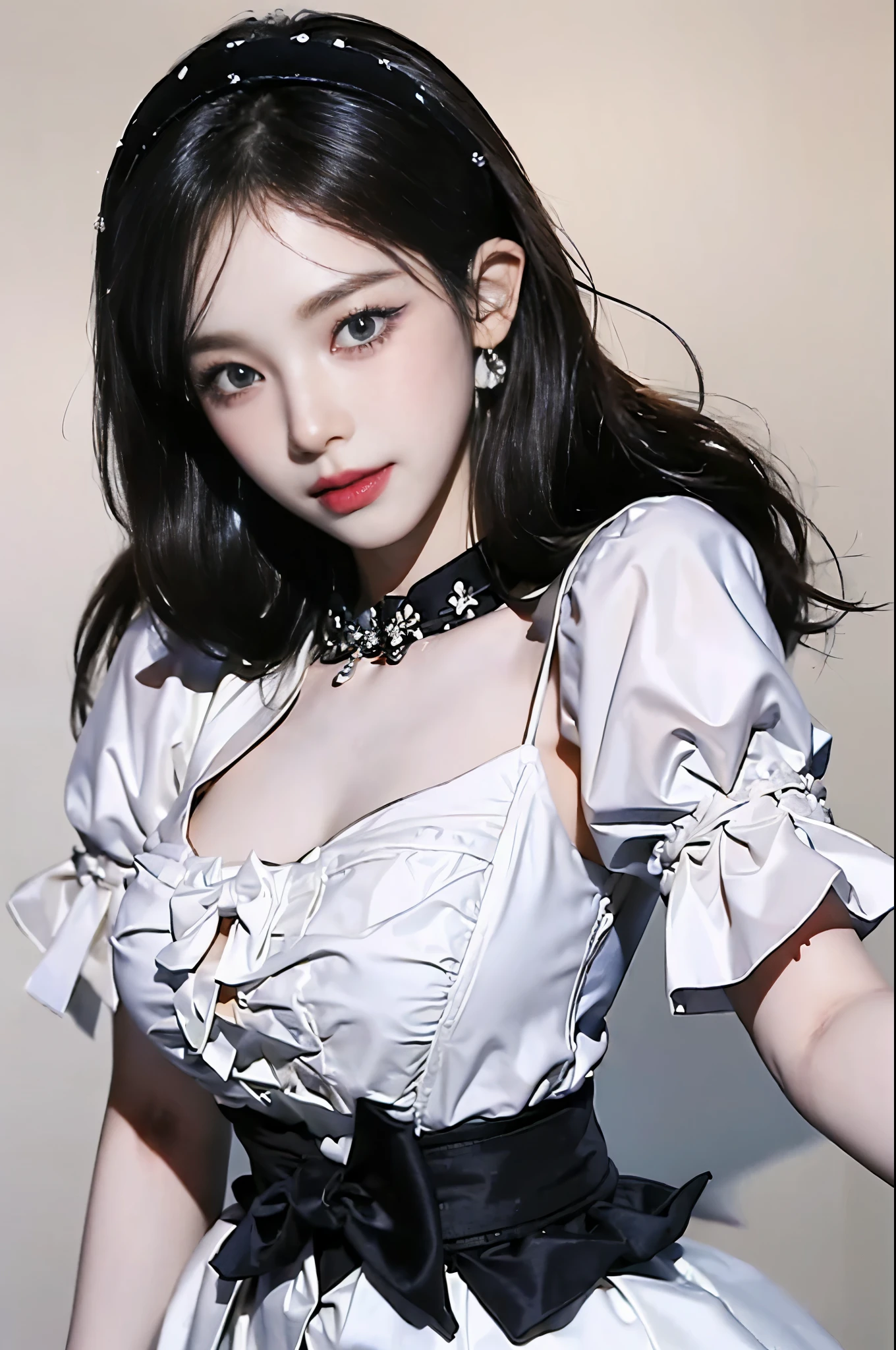 ((highest quality、8K、masterpiece:1.3))、sharp focus:1.2、(real、photorealistic:1.37)、shining smile、beautiful face woman、28 years old、pointed chest、long eyelashes、colored contact lenses、big breasts 、delicated、very detailed eyes、highly detailed eyebrows、（sharp eyebrows）、（thin eyebrows）.highly detailed face、((Brunette disheveled hair:1.3)),(8K、masterpiece、highest quality、raw photos)、Break(Navy Blue Theme:1.4), (Hairpiece:1.3), (Short Sleeves (Navy Blue Sailor Uniform Top) with Double Breasted:1.4), (Double Breasted:1.2), ((Navy Blue Ruffled Tiered Super Long Skirt:1.4), ((White Scapular, White Needles):1.3), ( Very Detailed White Embroidery:1.3), (Navy Blue Sai High Boots with Purple Lace-Ups:1.3), (Long Gloves:1.3), ((White Background:1.3))