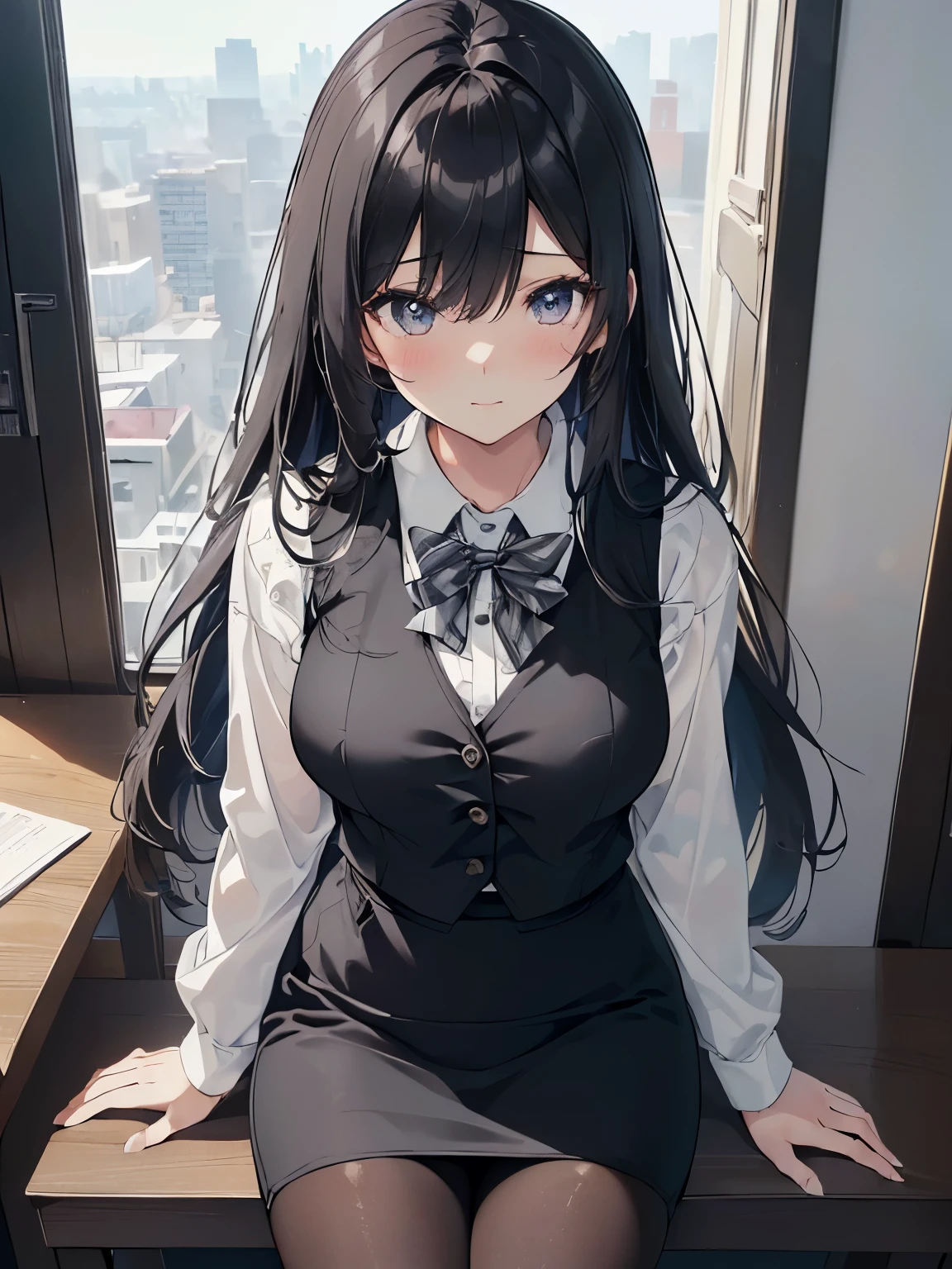 company office、事務員の制服姿のblack hairの少女、shot from above:1.3、breast focus、highest quality, High resolution, masterpiece、(1 girl),(beautiful eyes、depicted in detail、face to detail、masterpieceサイドライト、masterpiece、highest quality、be familiar with、High resolutionのイラスト),entrance、delicate makeup, (close:1.2)、forward bending pose、((Close Up:1.3)), soft focus ground bokeh、(highest qualityのイラスト:1.2), (pretty girl:1.1), (1 girl, alone:1.5), (1 girl、18-year-old、one pose、neat image、((1 girl、alone)), (highest qualityのイラスト:1.2), (pretty girl:1.1), (1 girl, alone:1), (big and full breasts、超be familiar withな目:1.2)、((black hair、long hair))、break (white and gray theme:1.3), (wearing in [[white and gray check pattern]] Vest worn over white collared long-sleeved shirt:1.4), (Gray plaid vest with buttons:1.2), break (black theme:1.4), (tight black pencil skirt:1.5), (pantyhose:1.3), (high heels:1.1), break ((be familiar withに書かれた顔:1.2)), ((smooth texture:0.75, realistic texture:0.5, Anime CG style)), big and full breasts, dynamic angle, beautiful breasts, perfect body, dynamic pose, smile,
