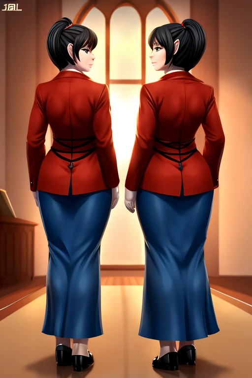 2 females,mature mother AND ,stand side by side,from below:0.5,full body view,(((Simple backgroud))),(((by jlullaby:1.2)))