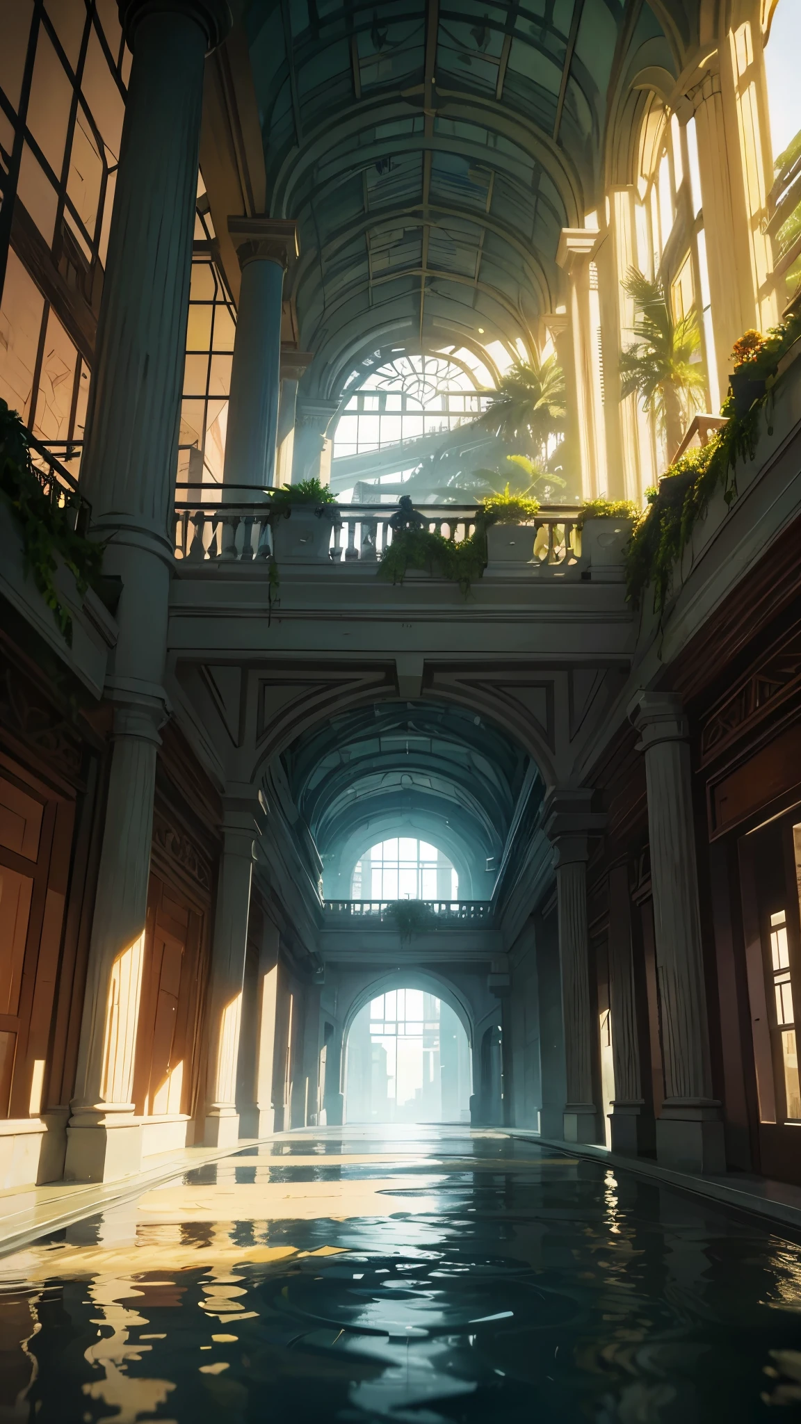 Large fantasy abandoned mall, flooded floor, glass ceiling, upstairs viewpoint with parapet, trees, vines, orchids, bromeliads, palm trees, ornaments, golden, many plants, tropical plants, marble walls, dynamic light, 8K, masterpiece, ultra detailed, beautiful.
