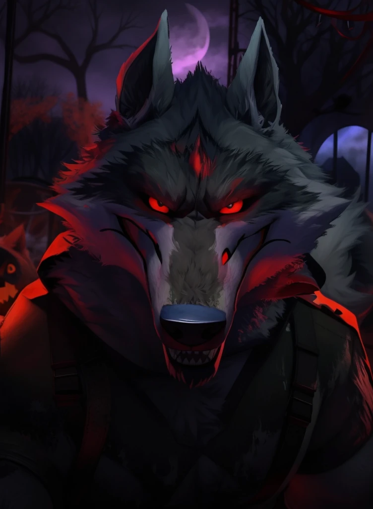 Death Wolf - wow he is looking at the viewer making a very menacing look and a disturbing smile this is going into my Halloween collection not to mention that super disturbing smile he is making Happy Halloween and good nightmares Don't forget to add some bats in the background Abandoned amusement park this will make this image Super dark disturbing
