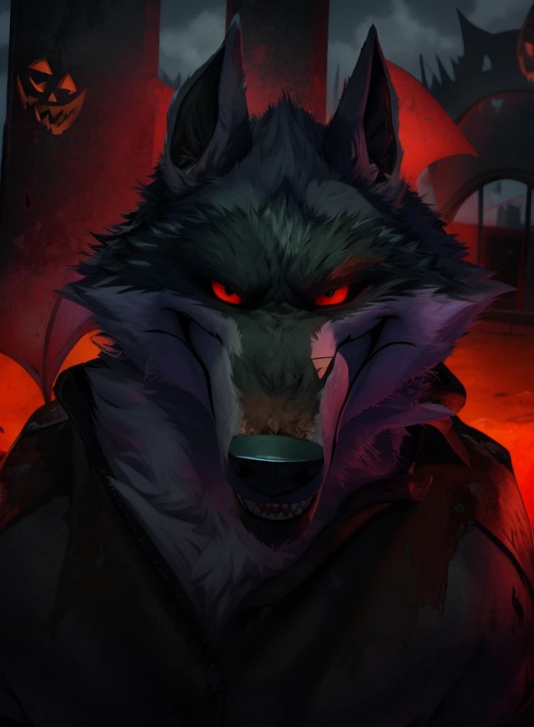 Death Wolf - wow he is looking at the viewer making a very menacing look and a disturbing smile this is going into my Halloween collection not to mention that super disturbing smile he is making Happy Halloween and good nightmares Don't forget to add some bats in the background Abandoned amusement park this will make this image Super dark disturbing