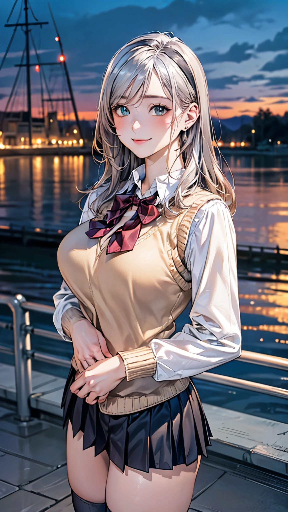 (masterpiece:1.2, top-quality), (realistic, photorealistic:1.4), beautiful illustration, (natural side lighting, movie lighting),
looking at viewer, cowboy shot, front view:0.6, 1 girl, japanese, high school girl, perfect face, cute and symmetrical face, shiny skin,
(long hair:1.8, straight :1.7, sidelocks, silver hair), parted bangs, emerald green eyes, long eye lasher, (large breasts:0.8, thick thighs),
beautiful hair, beautiful face, beautiful detailed eyes, beautiful clavicle, beautiful body, beautiful chest, beautiful thigh, beautiful legs, beautiful fingers,
((long sleeve white collared shirts, navy pleated mini skirt, black socks, brown loafers, red pleated bow tie, beige sleeveless knitted vest, black headband)), pink panties,
(beautiful scenery), evening, riverside, walking, hands on chest, (lovely smile, upper eyes),