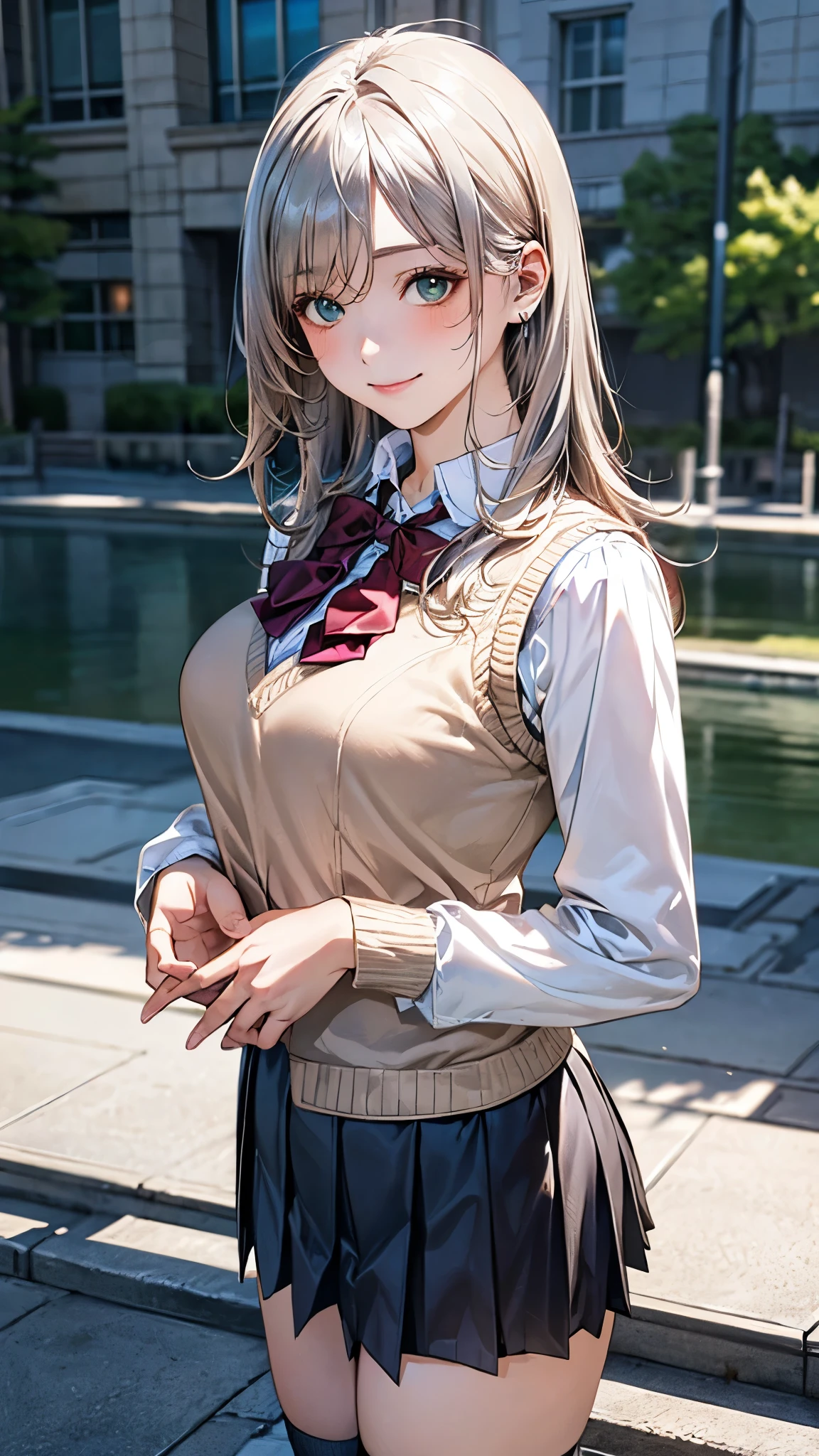 (masterpiece:1.2, top-quality), (realistic, photorealistic:1.4), beautiful illustration, (natural side lighting, movie lighting), 
looking at viewer, cowboy shot, front view:0.6, 1 girl, japanese, high school girl, perfect face, cute and symmetrical face, shiny skin, 
(long hair:1.8, straight :1.7, sidelocks, silver hair), parted bangs, emerald green eyes, long eye lasher, (large breasts:0.8, thick thighs), 
beautiful hair, beautiful face, beautiful detailed eyes, beautiful clavicle, beautiful body, beautiful chest, beautiful thigh, beautiful legs, beautiful fingers, 
((long sleeve white collared shirts, navy pleated mini skirt, black socks, brown loafers, red pleated bow tie, beige sleeveless knitted vest, black headband)), pink panties, 
(beautiful scenery), evening, riverside, walking, hands on chest, (lovely smile, upper eyes), 