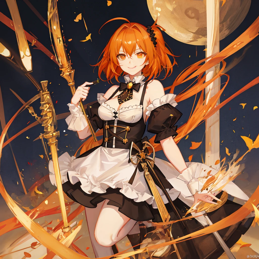 (High resolution, super detailed), Upper body, 1 girl, golden eyes, orange hair, Long bob hair, thin eyebrows, hair is sticking out, Medium-sized breasts, scrunchie, black maid outfit with exposed shoulders, gentle smile, Gentle eyebrows, gentle expression, ahoge, Inside the white base,Gudako, orange eyes, short hair, orange hair, cel shading ,