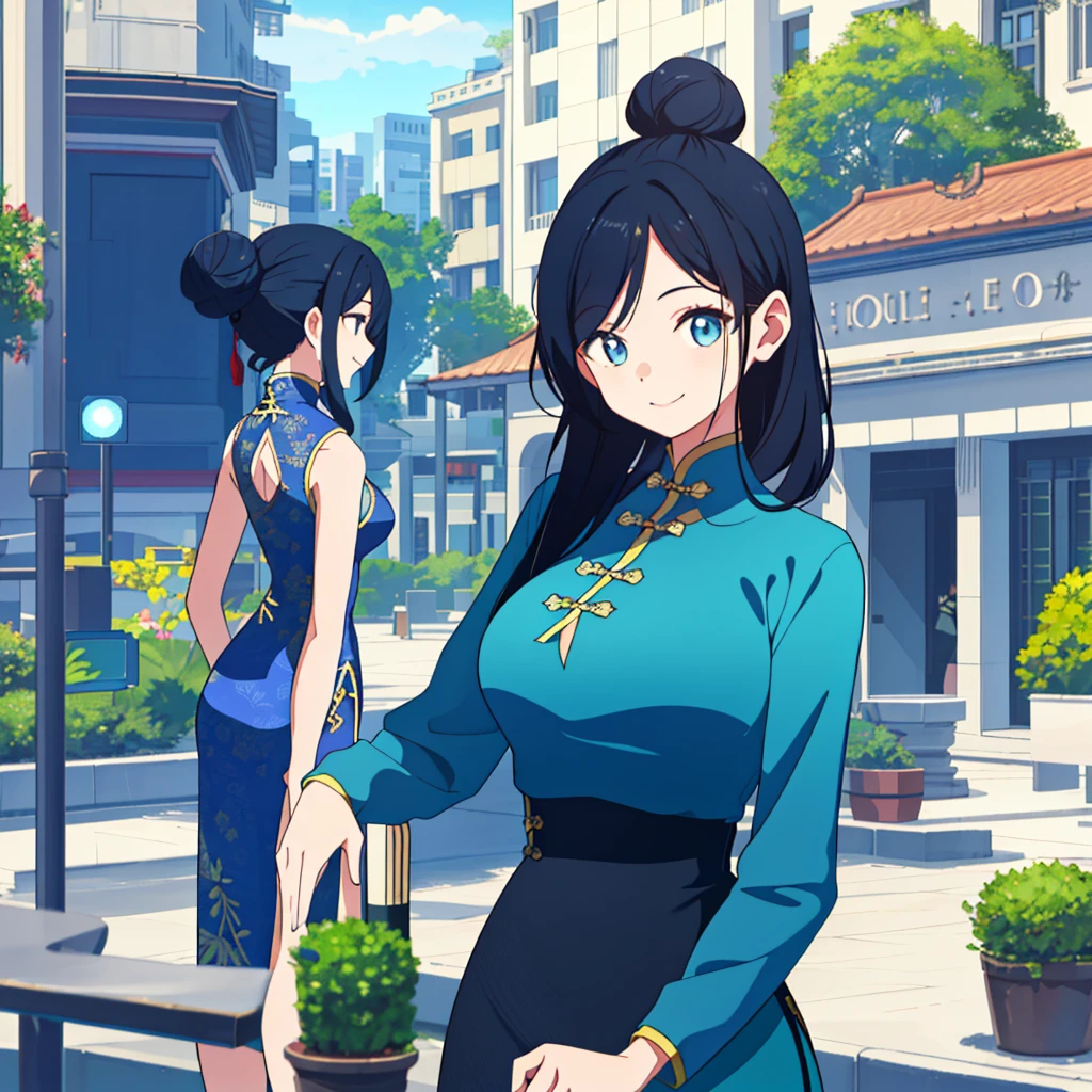 1 girl, , teenager, Chinese, sexy, round voluptuous boobs, smiling, black hair, hair bun, sexy tight blue dress, hourglass waist, model, upper body view, pixelart