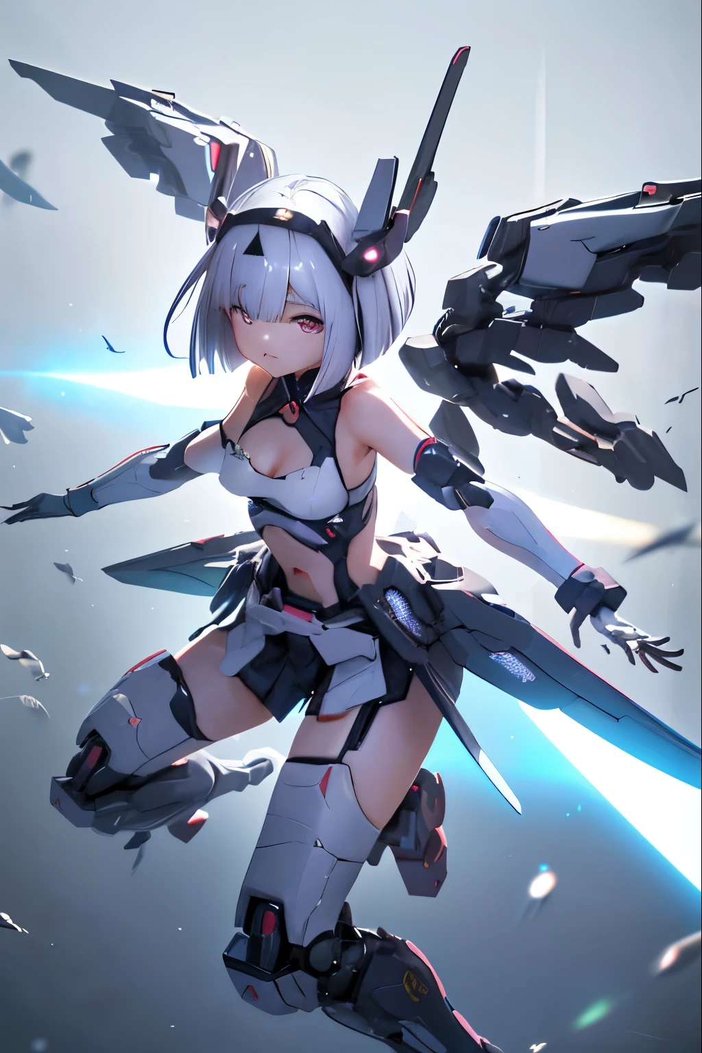 (highest quality)), ((masterpiece)), (very detailed: 1.3), 3D, {(japanese young girl)}, ((wears a futuristic Gundam mecha)),(Gundam), with headgear, with v-fins, ((unarmored cleavage)), ((unarmored stomach)), ((unarmored upper arms)), ((unarmored face)), (unarmored hands), (unarmored waist), ((unarmored thighs)), (unarmored ankles), japanese girl wear light blue and white striped pantie under armor, multilayer textureperfect proportions, octane rendering, duotone lighting, Low ISO, wide aperture, White balance, Rule of thirds, ultra HD16k, HDR (High Dynamic Range), Ray Tracing, NVIDIA RTX, Super Resolution, Subsurface Scattering, PBR Texturing, Post Processing, Anisotropic Filtering, Depth of Field, Maximum Clarity and Clarity, High efficiency subpixel, subpixel convolution, particles of light, light scattered, Tyndall effect, full body:1.5, battle pose, cute, (cute:1.2), (bob cut:1.3),三つ編み, 黒髪, 太い眉毛, 薄い色の虹彩, 大きくて輝いている黒い瞳, 長いまつげ, 小さく薄い色の自然な唇, (Average face of Japanese idols), (日本人特有の童顔:1.3), (baby face), 広いおでこ:1.2, ふっくらした頬, 小さな顎, visible side boob, (mechanical wings), (巨大な武器を持っている:1.2), 特大の盾を持っている, (cyber punk city),looking at viewer,Focus on the eyes,Docking with mobile armor